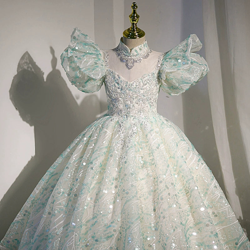 Elegant Mint Green Princess Floor Length Sequined Flower Girl Dress for Weddings, Pageants & Special Occasions