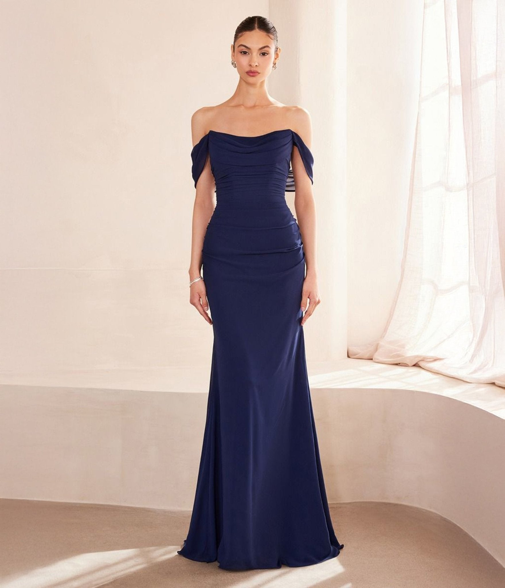 Amoris by Cinderella Divine Navy Blue Chiffon Off Shoulder Prom Dress for Women - Elegant Formal Evening Gown for Homecoming, Quinceañera & Special Occasions