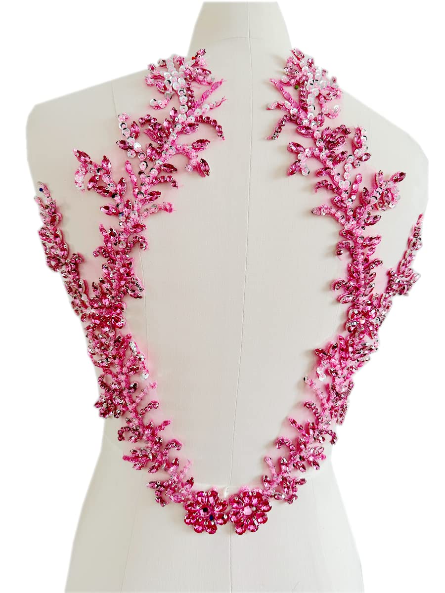 Handmade Rhinestone Lace Trim Patches with Beads Applique for DIY Dress Accessories - Perfect for Wedding, Prom, Costume & Home Decor (Pink)