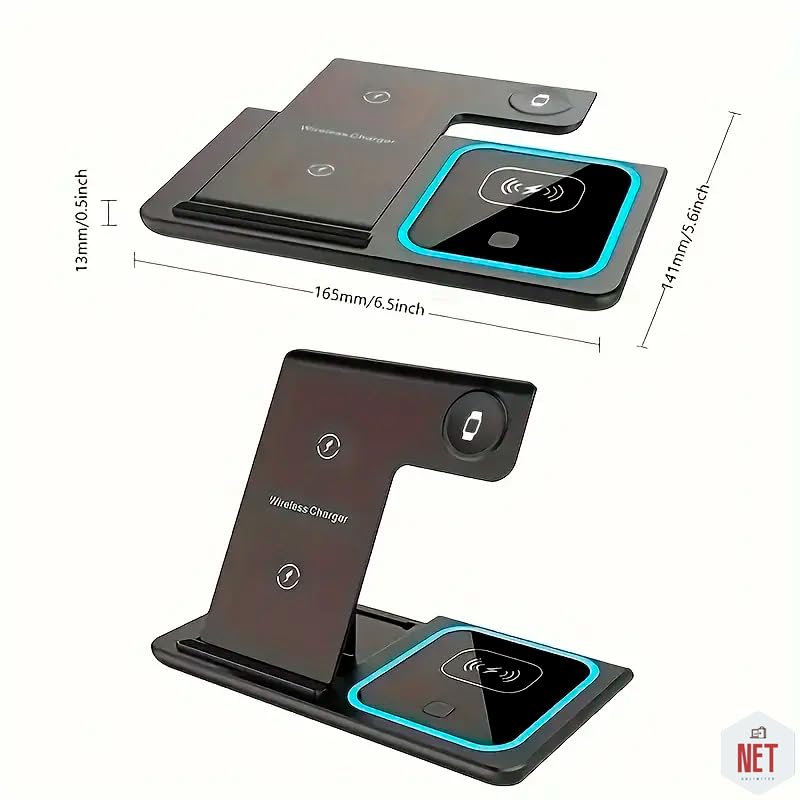 3 in 1 Fast Wireless Charging Station - Foldable Stand for iPhone, Samsung, Xiaomi & More (Black) | Perfect for Bedside, Office & Travel Charging