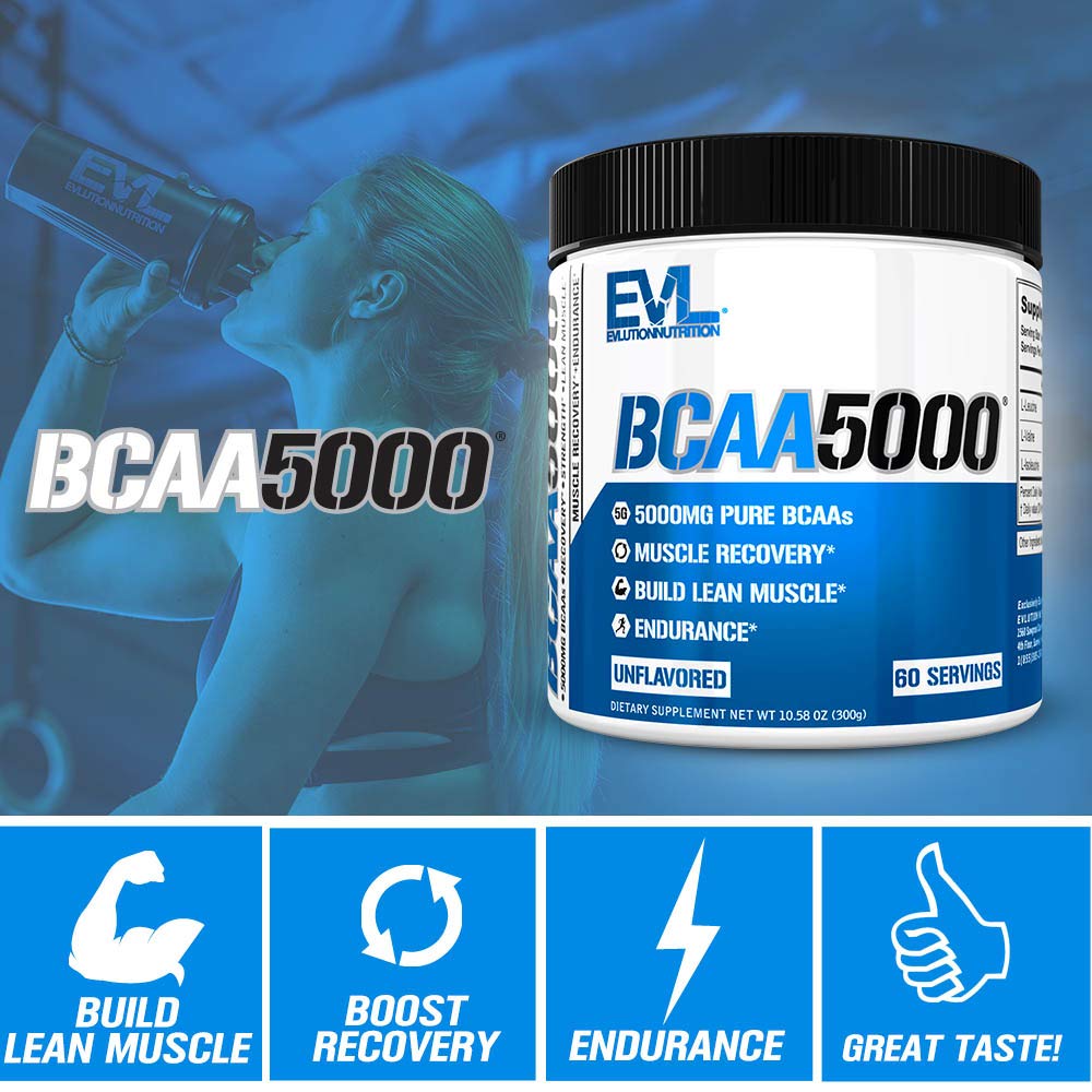 EVLUTION EVL BCAA Amino Acid Powder - 5g Branched Chain Amino Acid Supplement for Men & Women - Post Workout Recovery Drink & Stimulant-Free Pre Workout Energy Powder - Unflavored - Ideal for Muscle Recovery, Gym Performance & Fitness Goals
