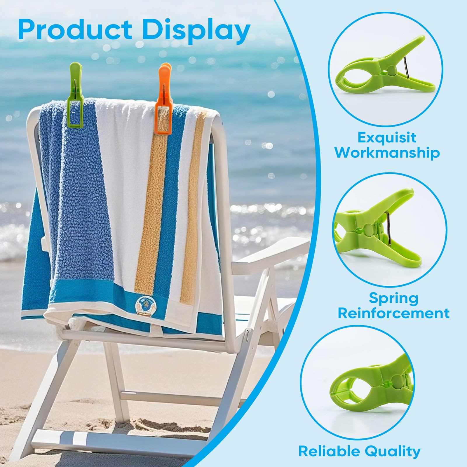 HiGift 8 Pack Heavy Duty Beach Towel Clips for Chairs - Large Plastic Pool Chair Clamps to Secure Towels from Wind - Cruise Vacation Essentials & Must Have Beach Accessories - Perfect for Poolside, Seaside, and Outdoor Relaxation