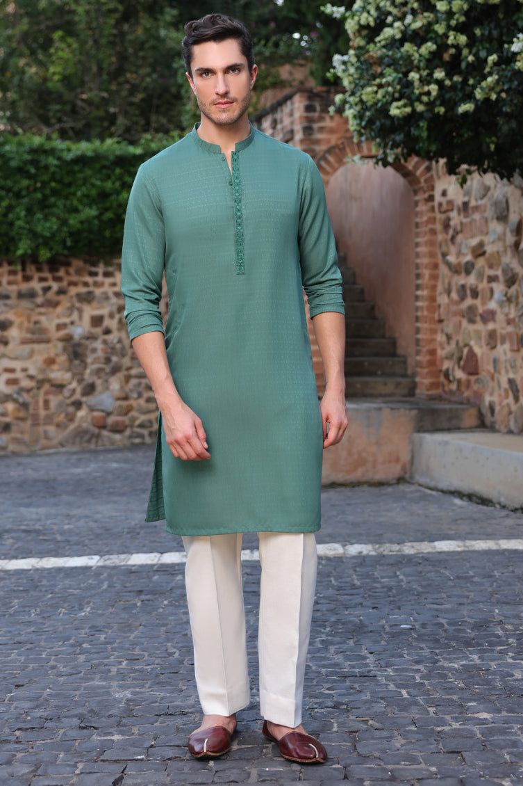 Stylish Blended Green Kurta by J. Junaid Jamshed - Premium Cotton Ethnic Wear for Men - Perfect for Festivals, Weddings & Casual Outings