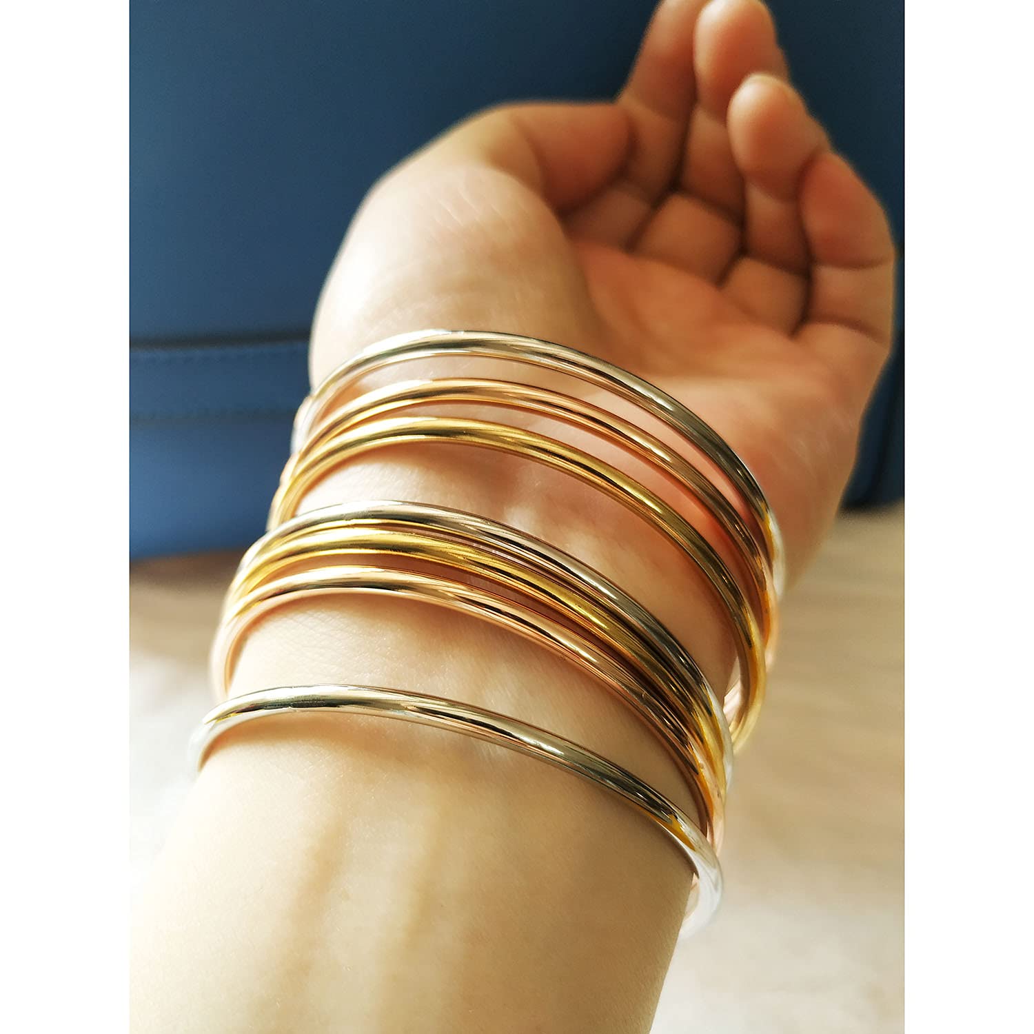 Castillna Tri-Color Stainless Steel Bangle Bracelets for Women - Silver, Gold & Rose Gold Thin Round Stackable Bracelet Set (7 Pieces) | Perfect Christmas, Birthday Gifts & Everyday Fashion Jewelry