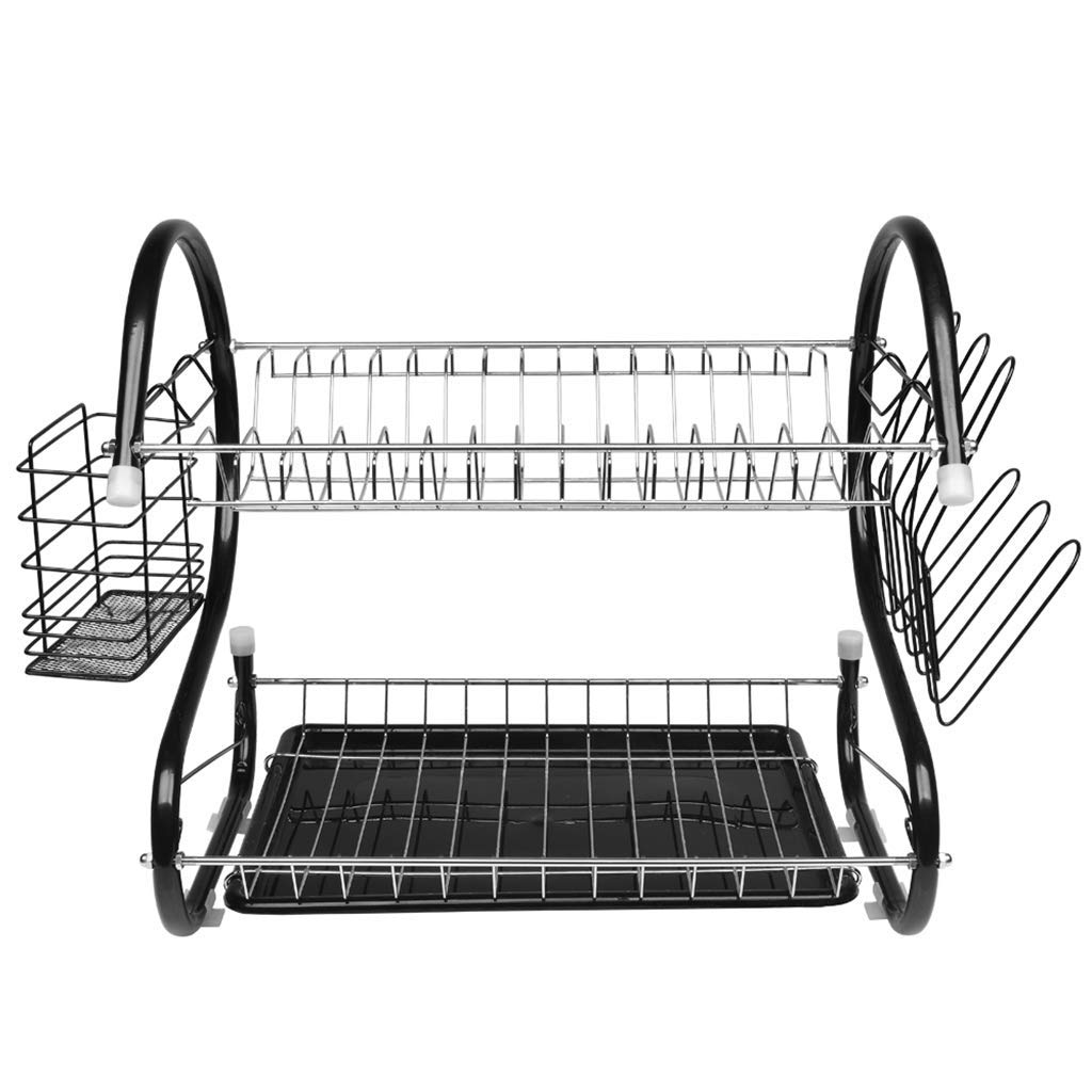 KAUTO 2 Tier Dish Drying Rack with Utensil Holder & Cup Holder - Space Saving S-Shaped Design for Bowls, Plates, Chopsticks & Spoons - Black Kitchen Organizer for Countertop & Small Spaces
