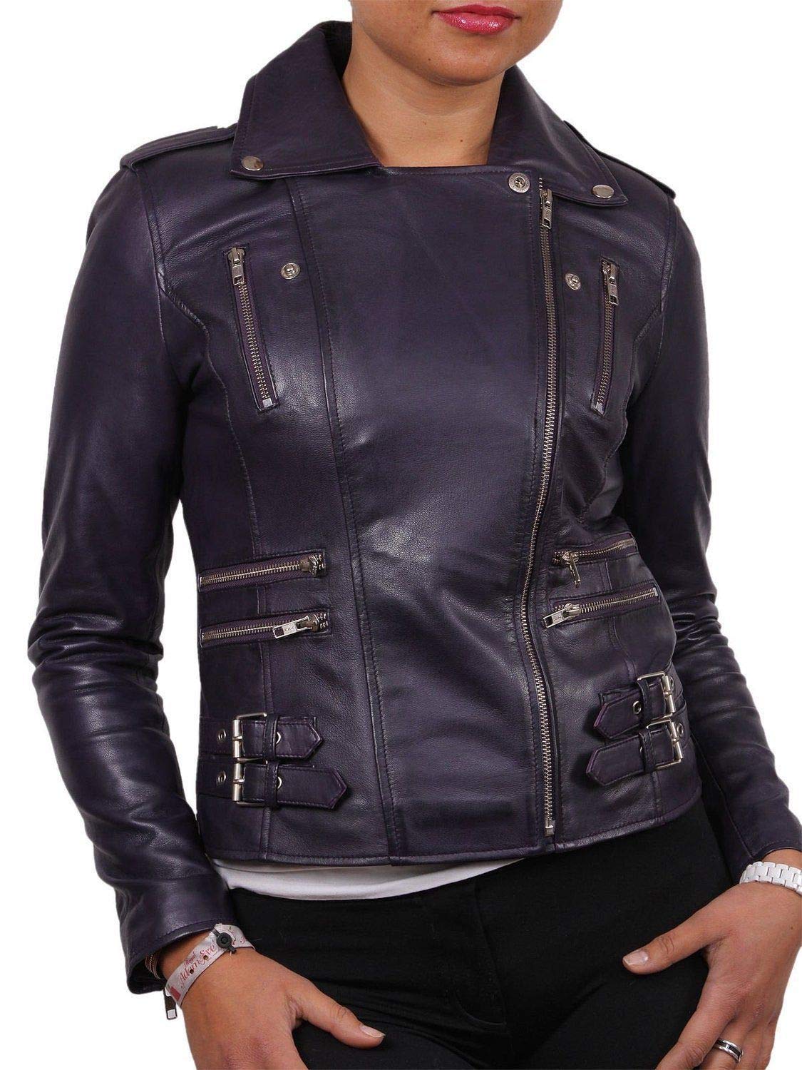 Stylish Women's Purple Real Leather Motorcycle Jacket - Quilted Bomber Biker Outerwear for Riding & Casual Wear | Fashionable & Durable