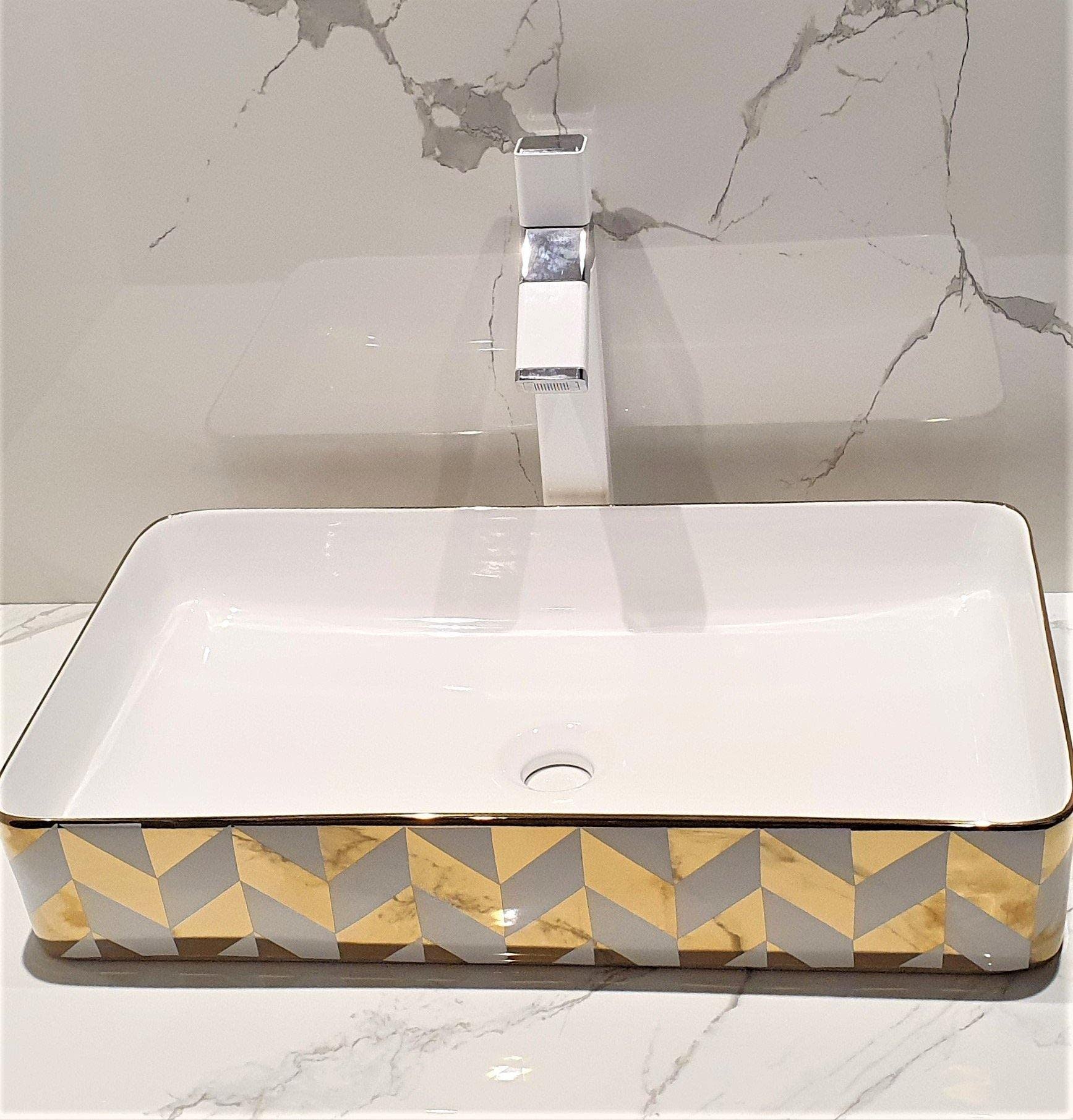 Premium Ceramic Gold Wash Basin - 60x35x11cm Countertop Vessel Sink for Bathroom Vanity | Modern Art Basin with Glossy White & Gold Finish | Perfect for Luxury Homes, Spas & Boutique Hotels