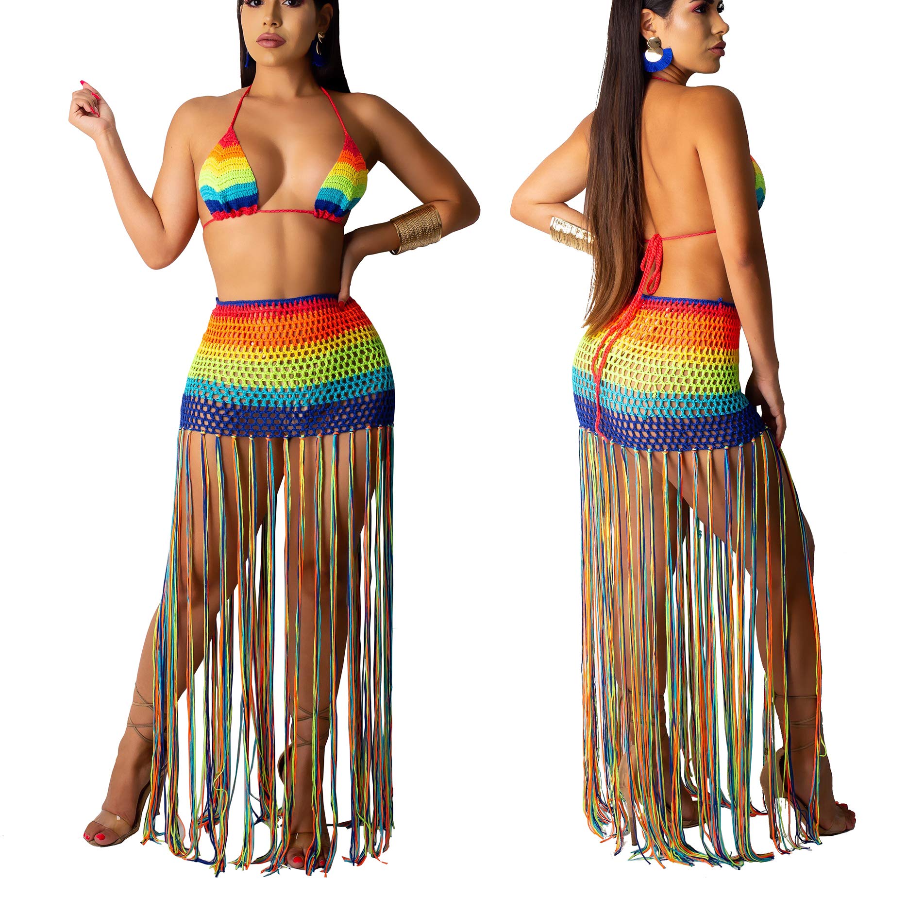 Bluewolfsea Women's Sexy Beach Cover Up 2 Piece Outfits - Crochet Mesh Fishnet Bikini Top & Maxi Skirt Set for Summer Vacation, Pool Party & Tropical Getaway