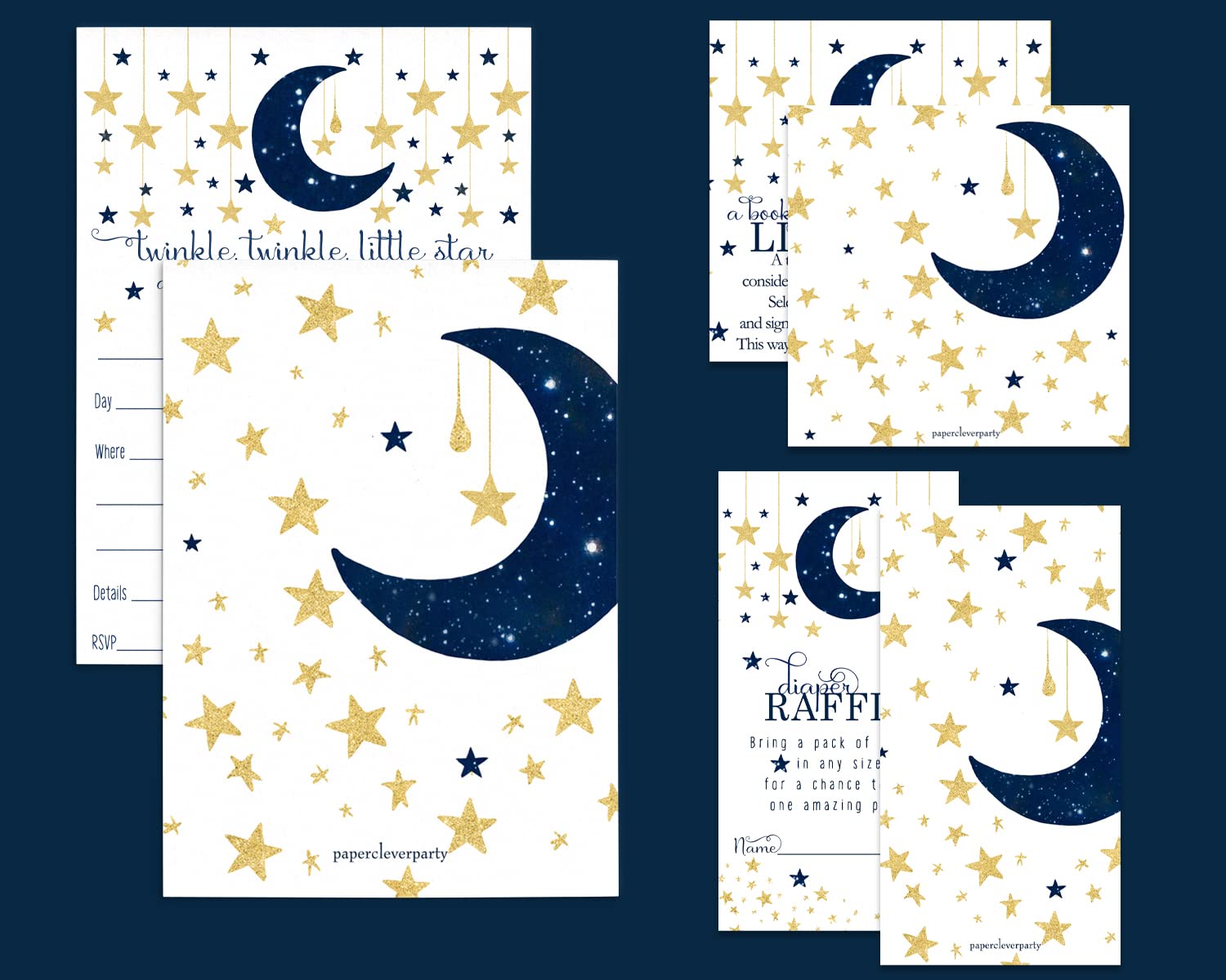 Twinkle Little Star Baby Shower Invitation Bundle - 25 Blank Invites with Envelopes, Diaper Raffle & Book Insert Cards - Navy & Gold Celestial Theme - Perfect for Baby Showers, Gender Reveals & Newborn Celebrations