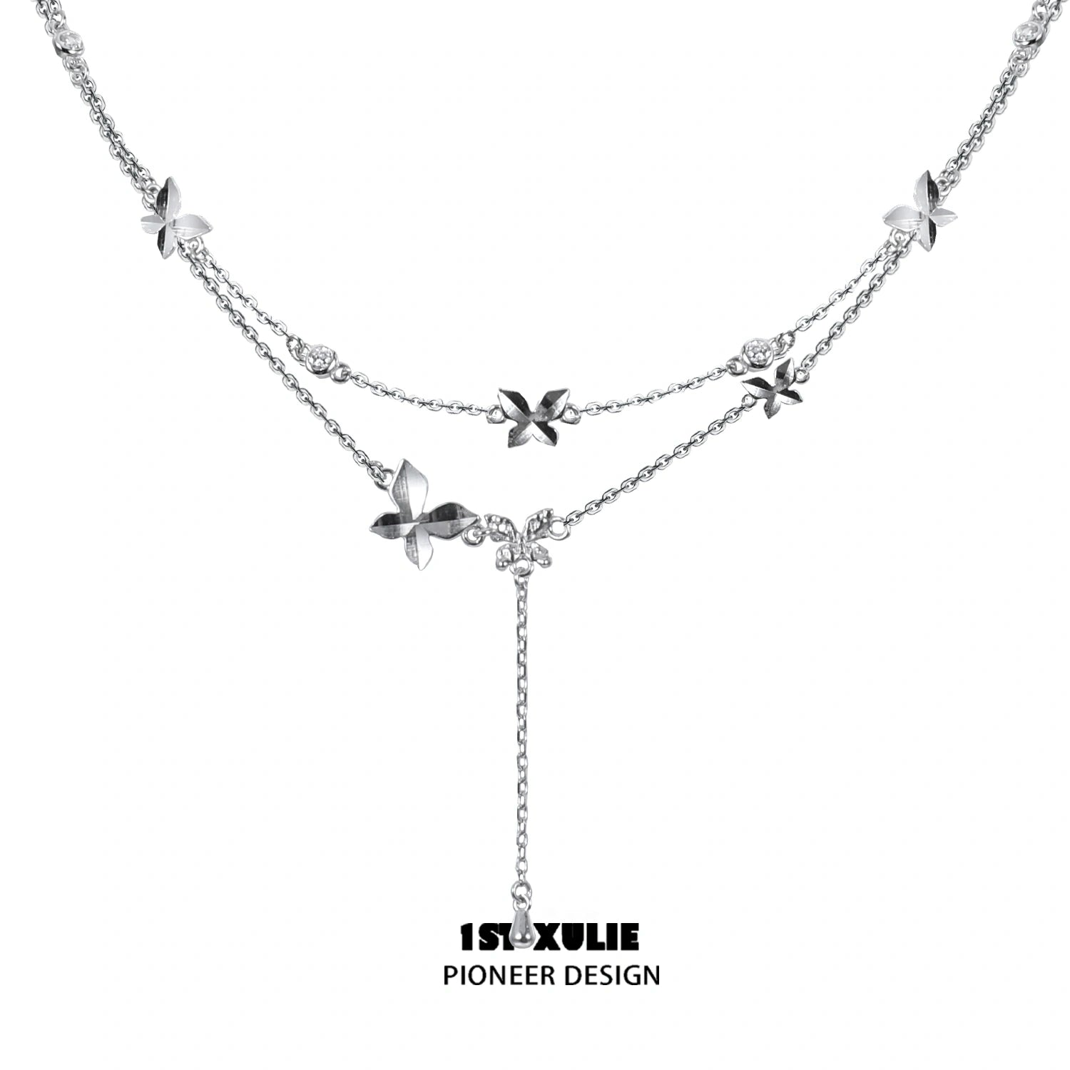Whiterfly S925 Sterling Silver Butterfly Double Layer Choker Necklace for Women - Elegant Layered Chain Necklace for Party, Wedding, Gift & Everyday Wear