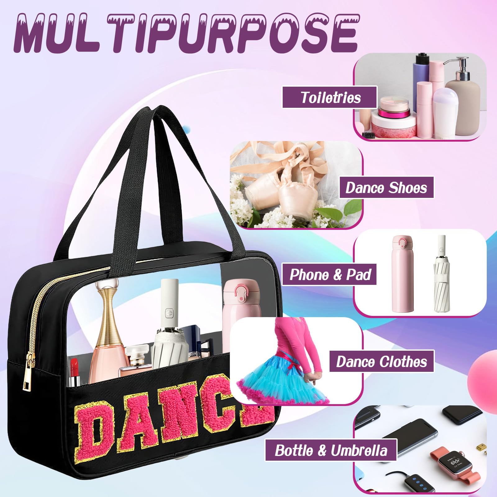Dance Gifts Chenille Letter Bags - Clear Waterproof Nylon Makeup Organizer with Handle & Zipper, Portable PVC Travel Cosmetic Toiletry Bag for Women & Dance Competitors | Perfect for Dance Competitions, Travel & Everyday Storage