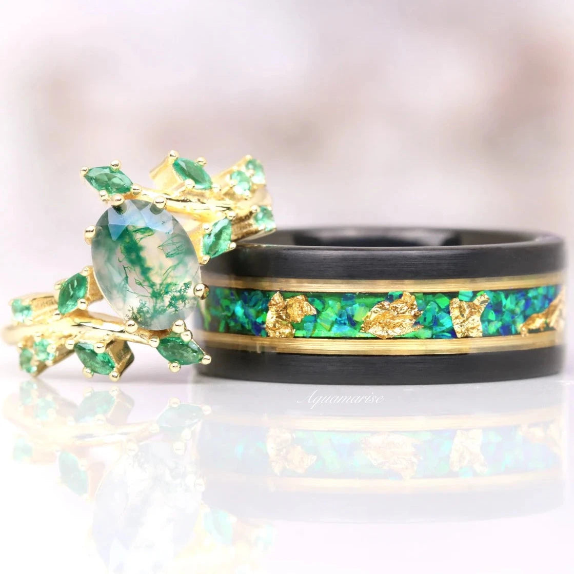 Green Moss Agate & Fire Opal Gold Leaf Couple Rings for Women & Men - Elegant Matching Promise Rings for Anniversary, Engagement & Wedding Gifts