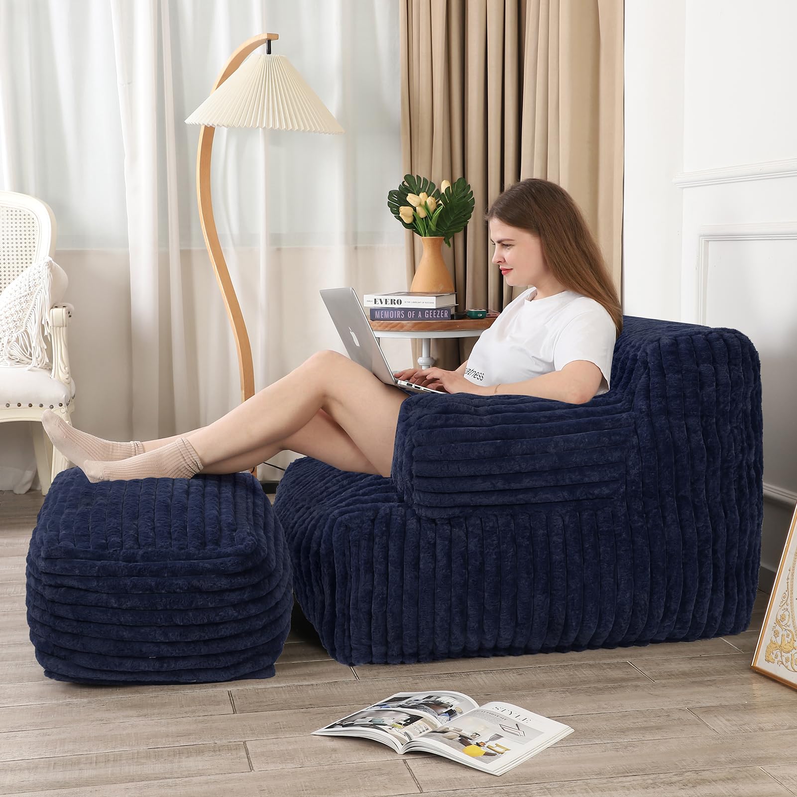 Extra Large Bean Bag Chair for Adults - Oversized Bean Bag Sofa with Ottoman, Ultra Comfortable Reading Chair for Dorm, Living Room & Bedroom (Navy Blue) - Perfect for Relaxing, Gaming & Movie Nights