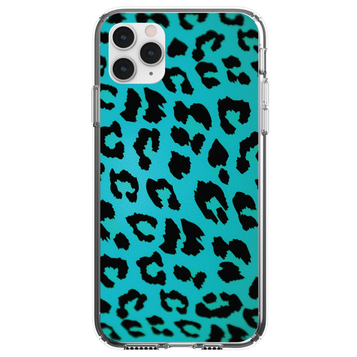 DistinctInk Clear Shockproof Hybrid Case for iPhone 13 (6.1 Inch) - Durable TPU Bumper & Acrylic Back with Tempered Glass Screen Protector - Teal Black Leopard Print Design - Perfect for Outdoor Activities & Daily Protection