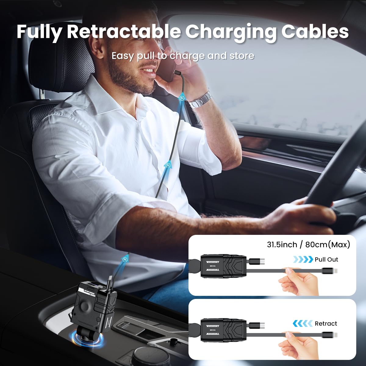 65W 4-in-1 Retractable Car Charger - Fast USB C Car Phone Charger Compatible with iPhone 16/16 Pro Max/15/15 Pro Max/14/13/12/11, Galaxy S23/S22/S21, Pixel 7/6 - Perfect for Road Trips & Daily Commutes