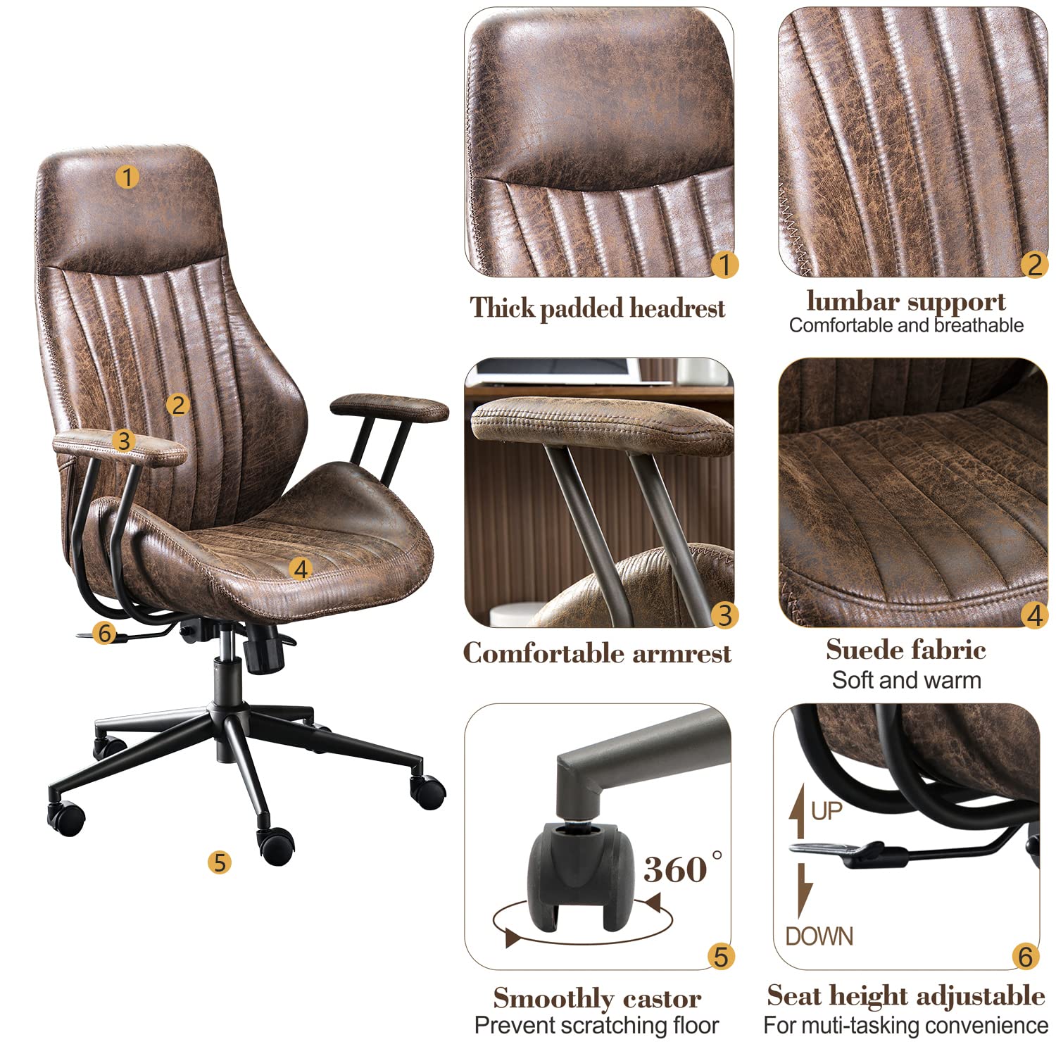 Premium Ergonomic Office Chair - OVIOS High Back Executive Chair with Deep Seat, Suede Leather Upholstery, Dark Coffee - Perfect for Home Office, Gaming & Workspaces