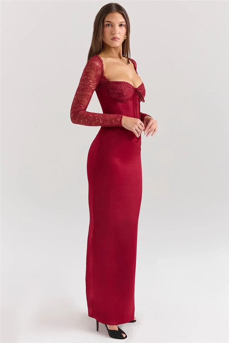 Sexy Backless Long Sleeve Maxi Dress for Women - Solid Square Neck Lace-Up Back Bodycon Club Dress with High Slit | Elegant Evening Wear for Parties, Date Nights & Special Occasions