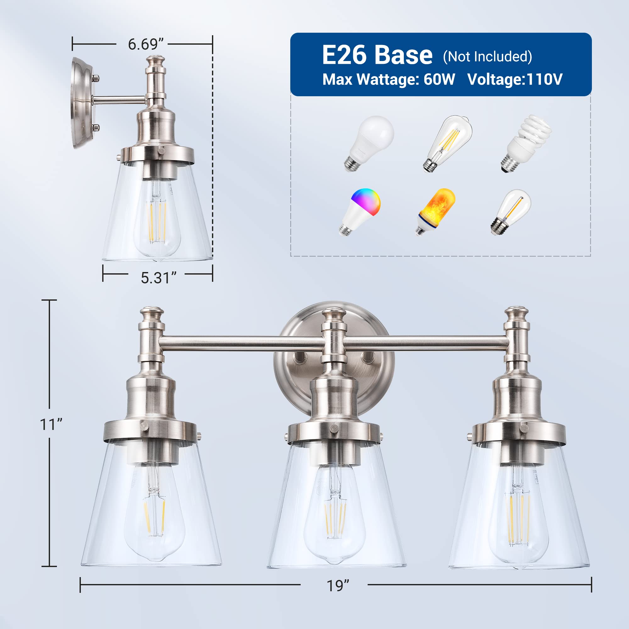 DEWENWILS 5-Piece Bathroom Light Fixture Set - Brushed Nickel Vanity Light with Glass Shades, Towel Bar, Ring, Robe Hook & Toilet Paper Holder | Complete Bathroom Lighting & Accessories for Modern Homes | Perfect for Bathroom Renovation & Spa-Like Atmosphere