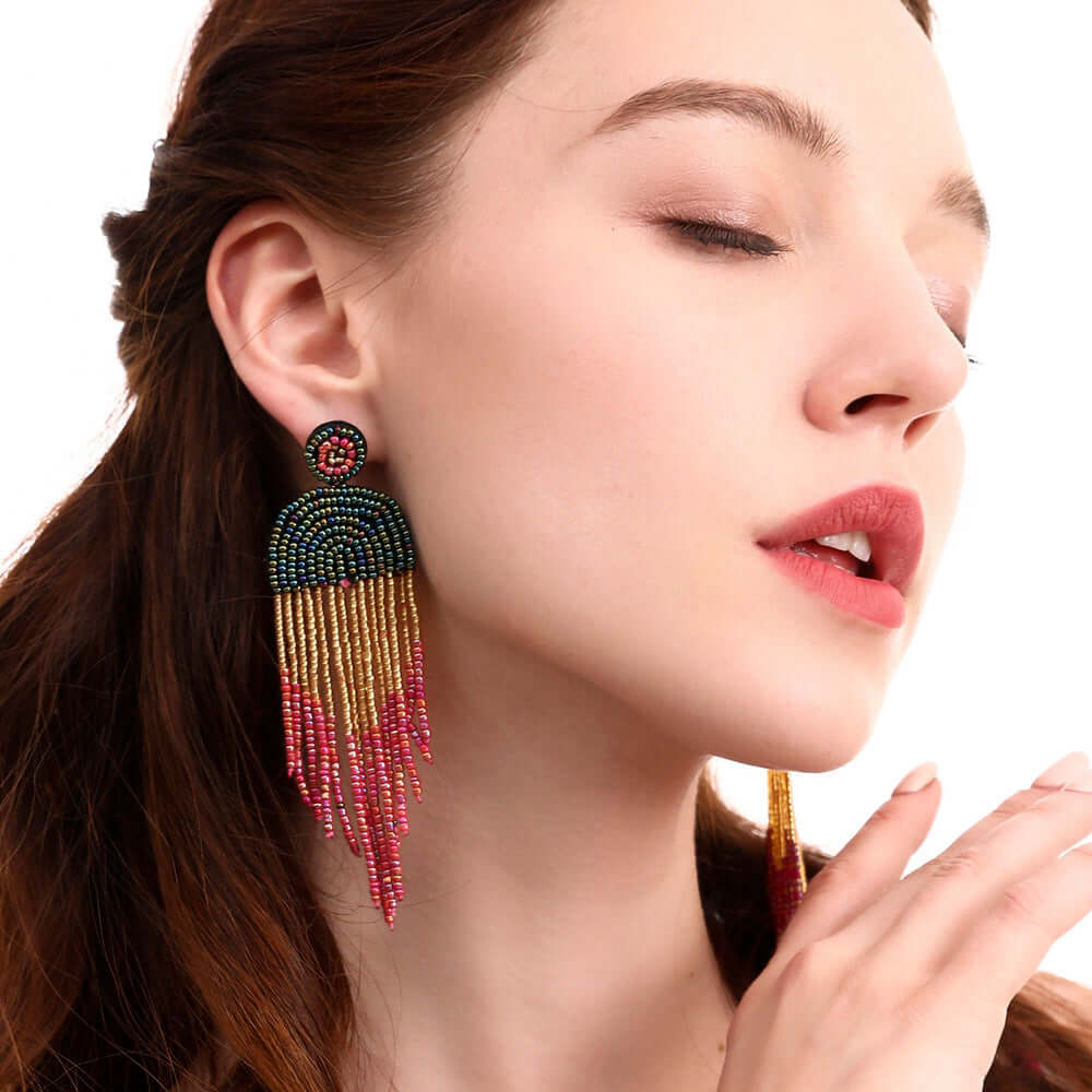 Bohemian Color Seed Beads Tassel Fringe Earrings for Women | Handmade Dangle Earrings with Natural Stones | Perfect for Festivals, Parties and Boho Fashion (Style E68671)
