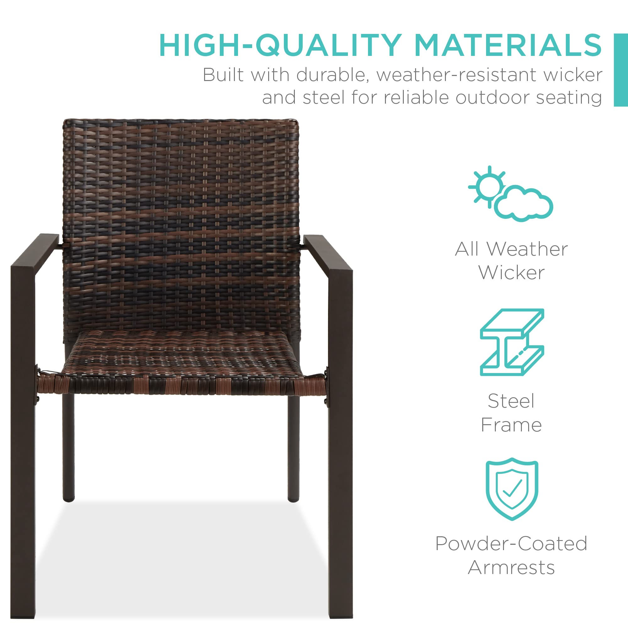 Best Choice Products Set of 2 Stackable All-Weather Wicker Dining Chairs with Armrests - Steel Frame Patio Furniture for Outdoor Living, Garden, Deck, Backyard - Brown - Perfect for Relaxing by the Firepit or Outdoor Dining