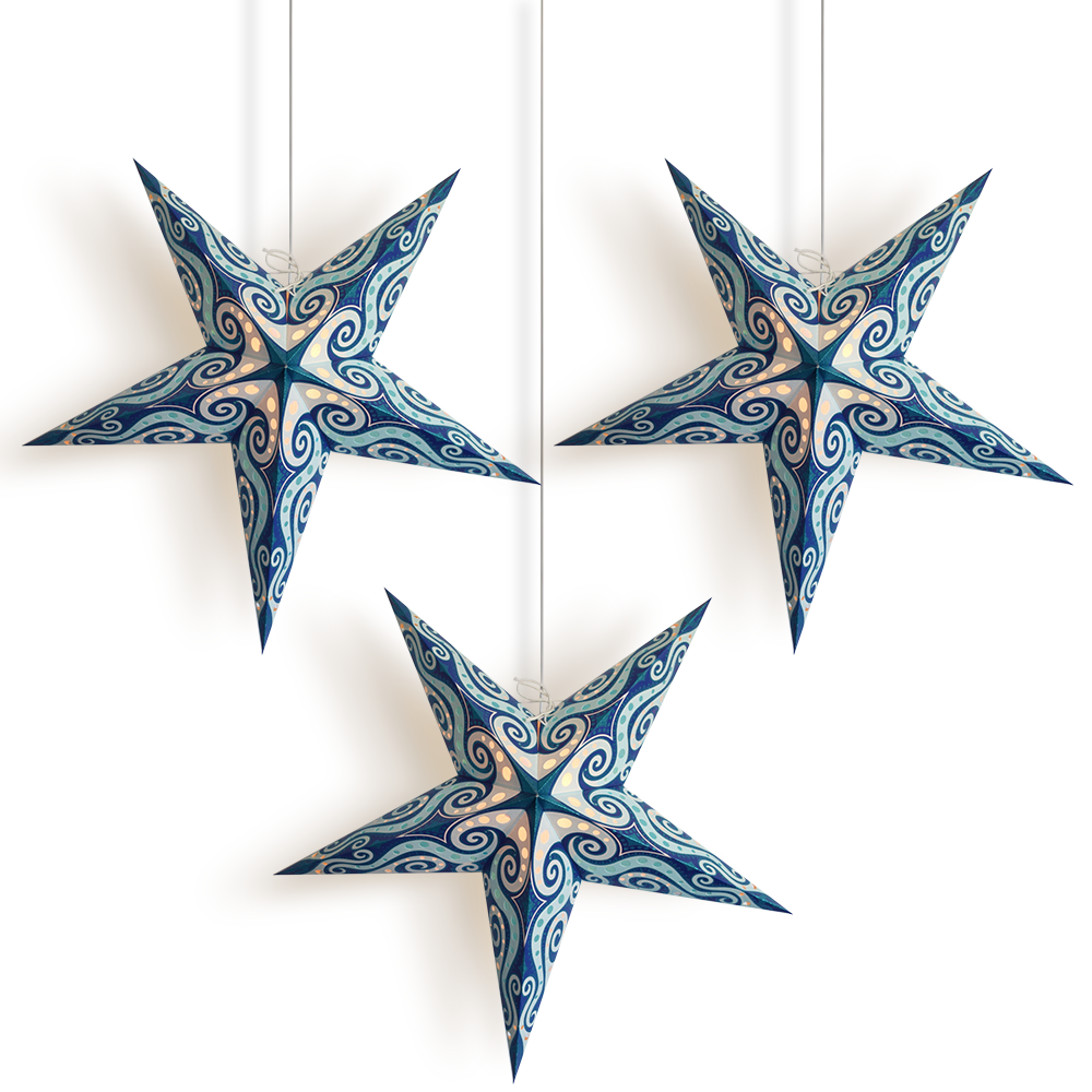 3 Pack Turquoise Blue Mouri Glitter 24 Inch LED Star Lanterns with Light Cord - Hanging Party Decor for Christmas, Weddings & Home Decoration