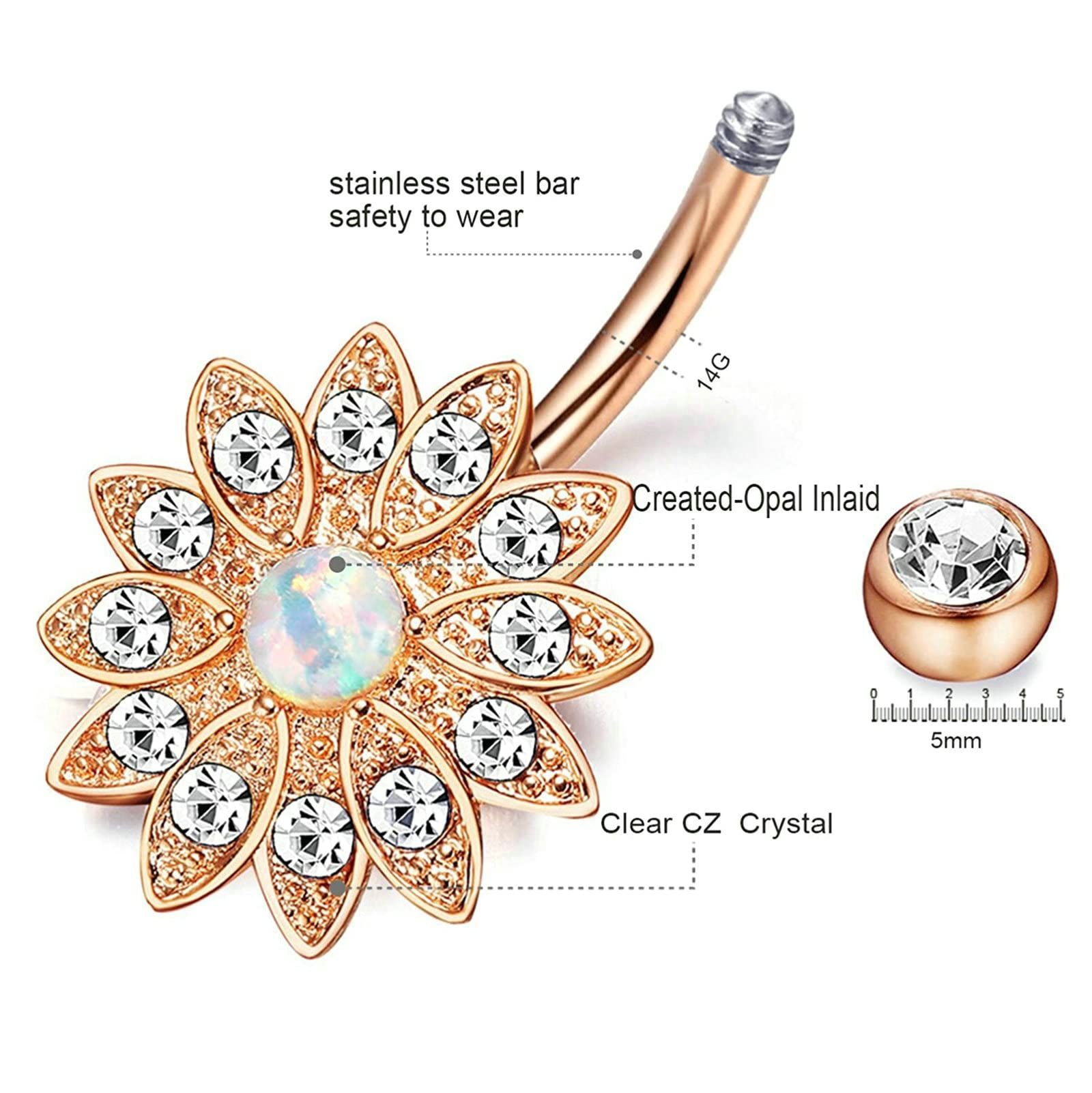Women's Summer Belly Rings - Opal Flower Navel Piercing Jewelry, Surgical Stainless Steel with Cubic Zirconia Stud, Best Friend Matching Belly Button Rings | Perfect for Beach Vacations, Pool Parties & Summer Fashion