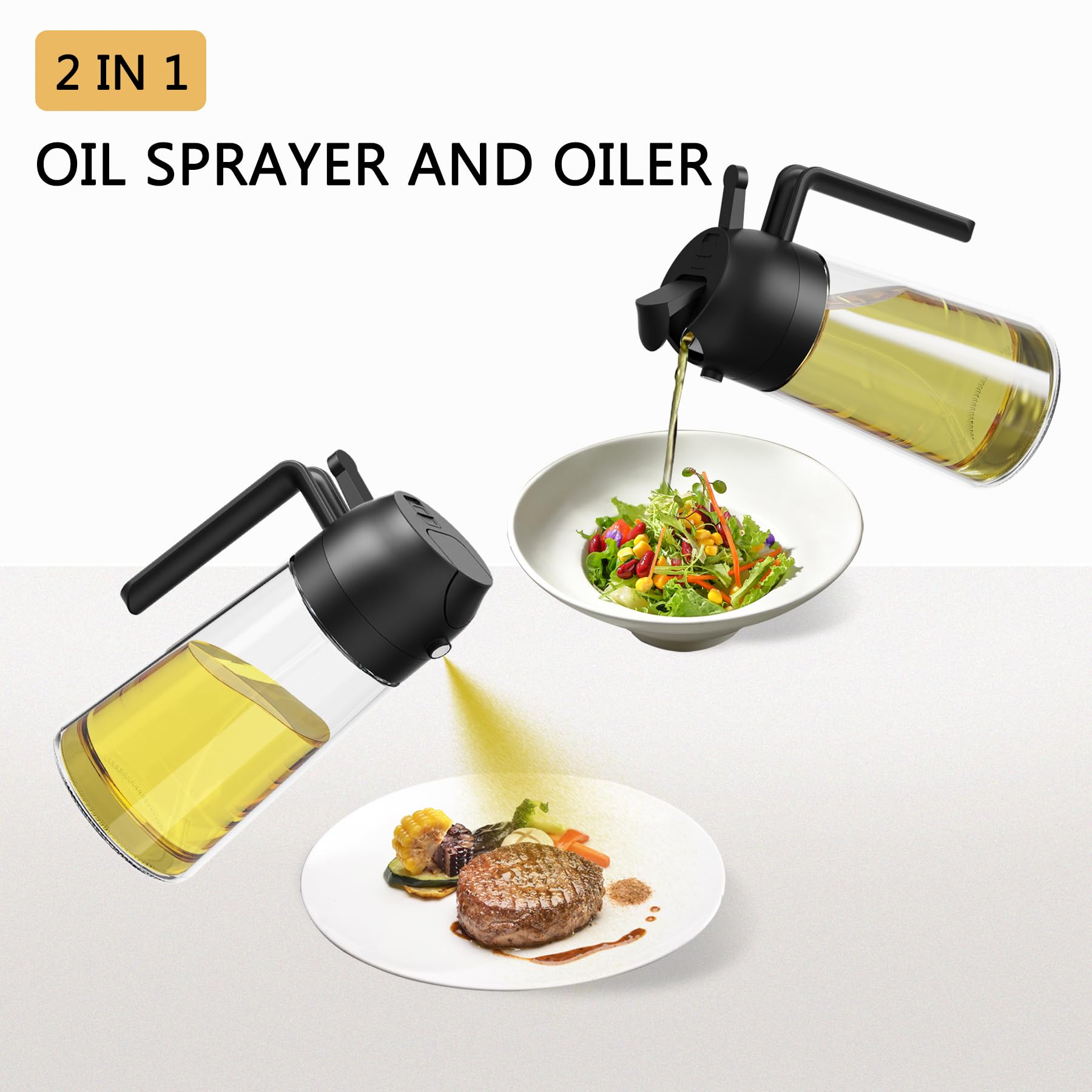16oz/470ml Oil Sprayer & Dispenser Bottle - 2 in 1 Kitchen Tool for Olive Oil, Cooking Spray, Salad Dressing & BBQ - Perfect for Baking, Grilling & Healthy Cooking (Black)