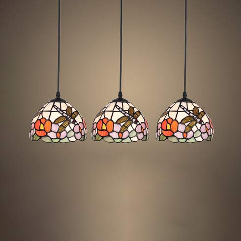 XINDAR 3-Head Tiffany Style Stained Glass Pendant Light - Rustic Dragonfly Design Multi-Color Dome Hanging Fixture for Balcony, Kitchen Island & Dining Room Decor