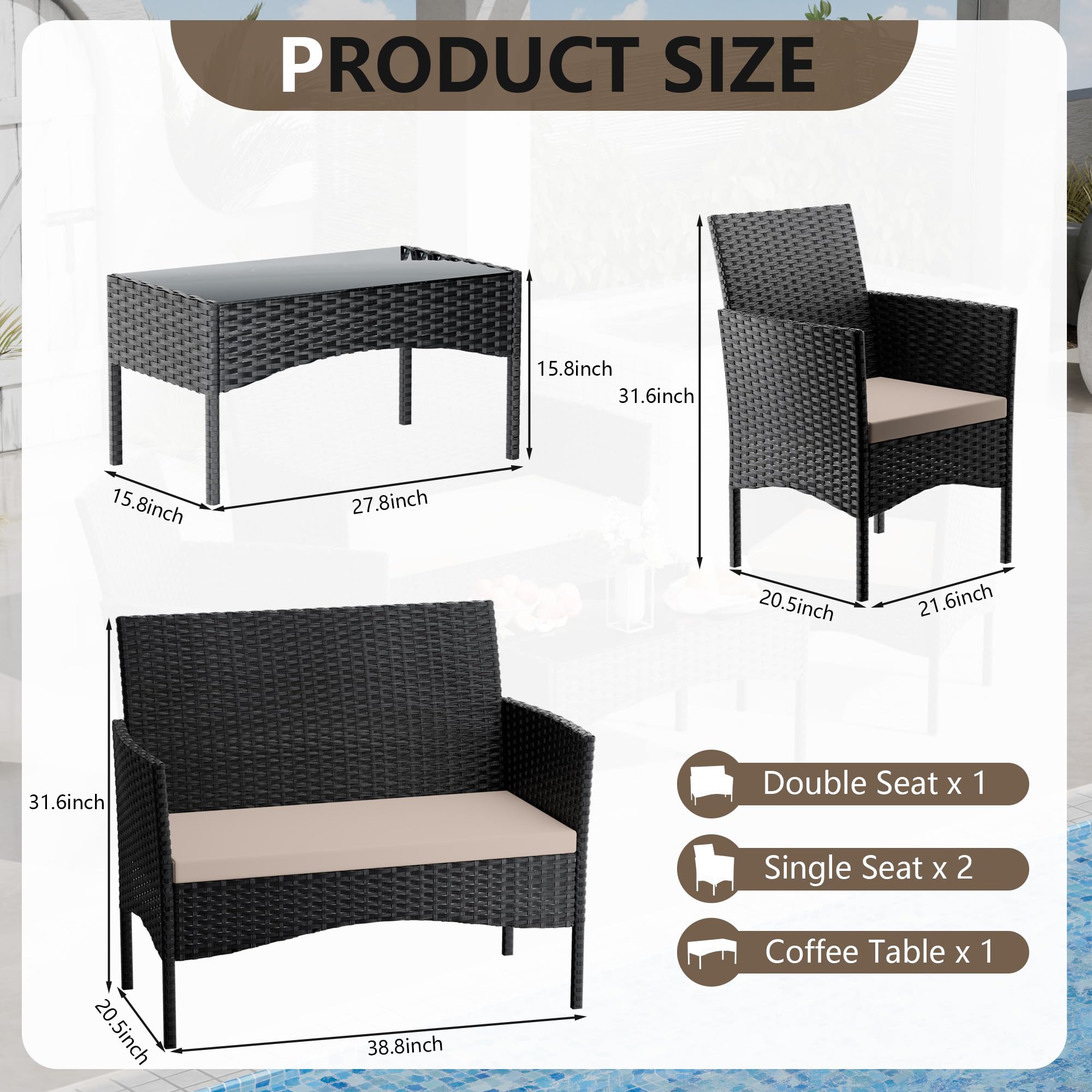 4-Piece Outdoor Patio Furniture Set - Rattan Wicker Conversation Set with Glass Table - Perfect for Porch, Pool, Backyard, Lawn, Garden & Beach Relaxation