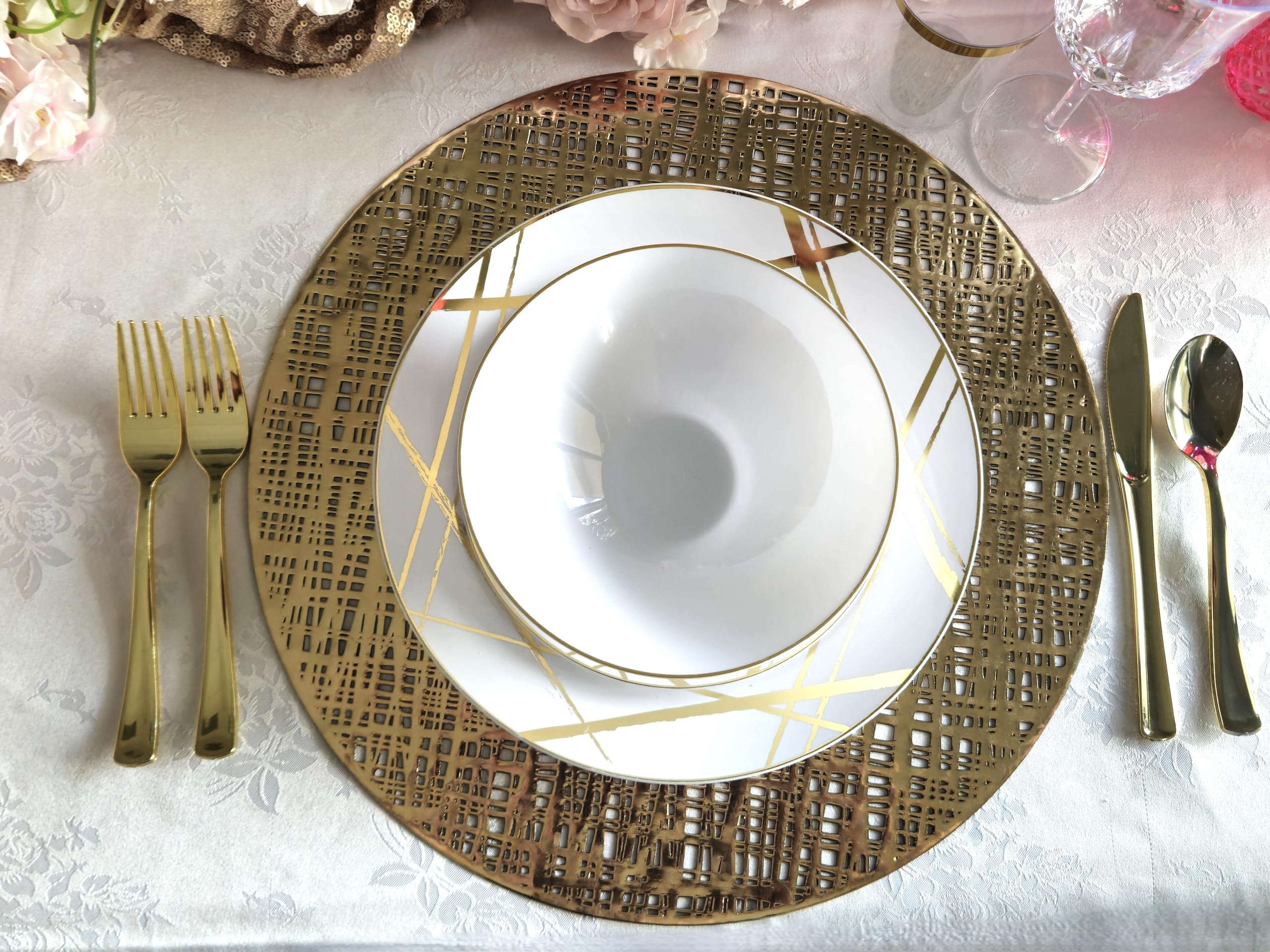 120 Pack Disposable Plastic Plates for Wedding & Party - 10.25 Inch Elegant White & Gold Dinner Plates (Monet Design) - Perfect for Bridal Showers, Anniversary Celebrations & Formal Events