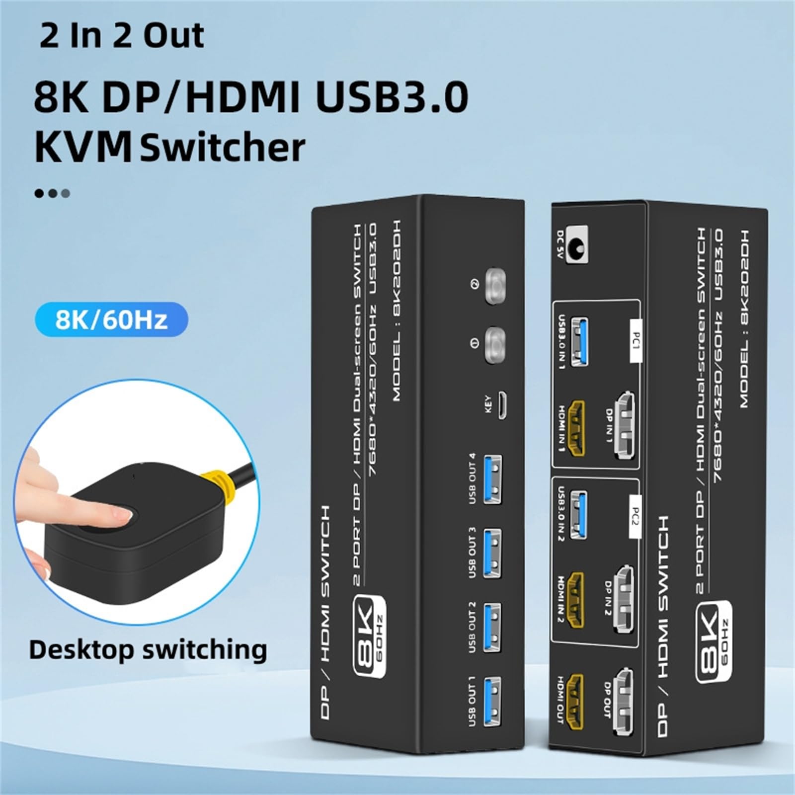 WANSUPYIN 2x2 KVM Switch Dual Monitor 8K@60Hz DisplayPort 1.4 - 2 in 2 Out HDMI DP KVM Switch for 2 Computers Sharing 2 Monitors - Perfect for Home Office, Gaming Setup & Multi-Tasking Workspaces
