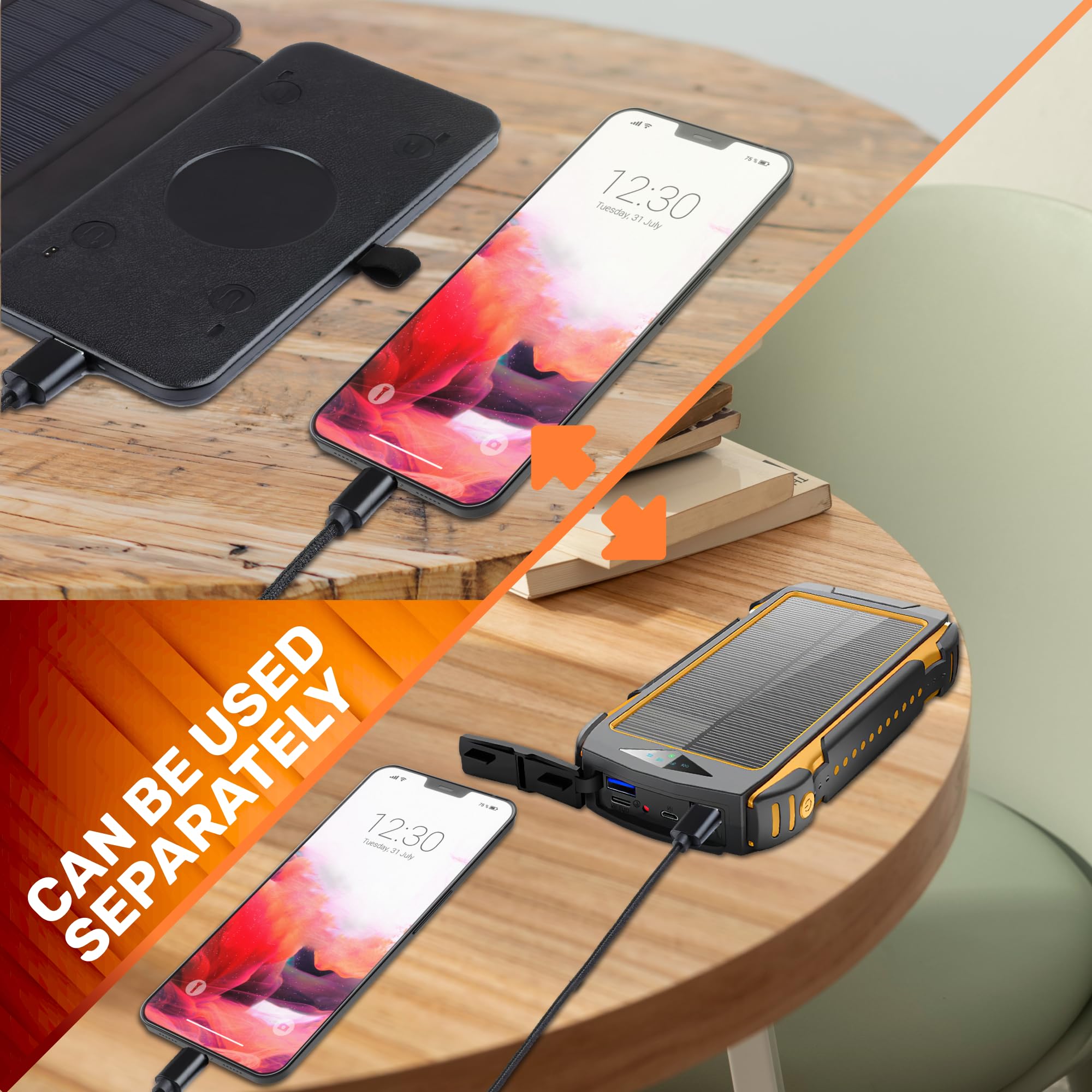 Solar Storm X7: 24000mAh Solar Power Bank with Fast Charging & Detachable Solar Panel - IP54 Waterproof Portable Charger for Camping, Hiking, Emergencies - Orange Solar Charger for Outdoor Adventures