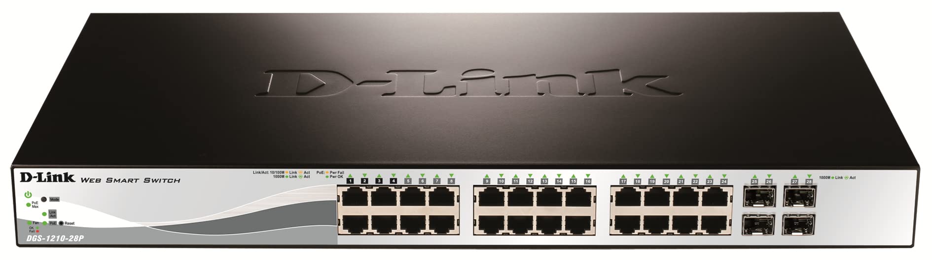D-Link 24-Port PoE+ Gigabit Ethernet Managed Web Smart Switch with 2 Gigabit BASE-T and 2 Combo SFP Ports (DES-1210-28P) - Black/White - Ideal for Office Networks, IP Camera Systems, and VoIP Phone Setups