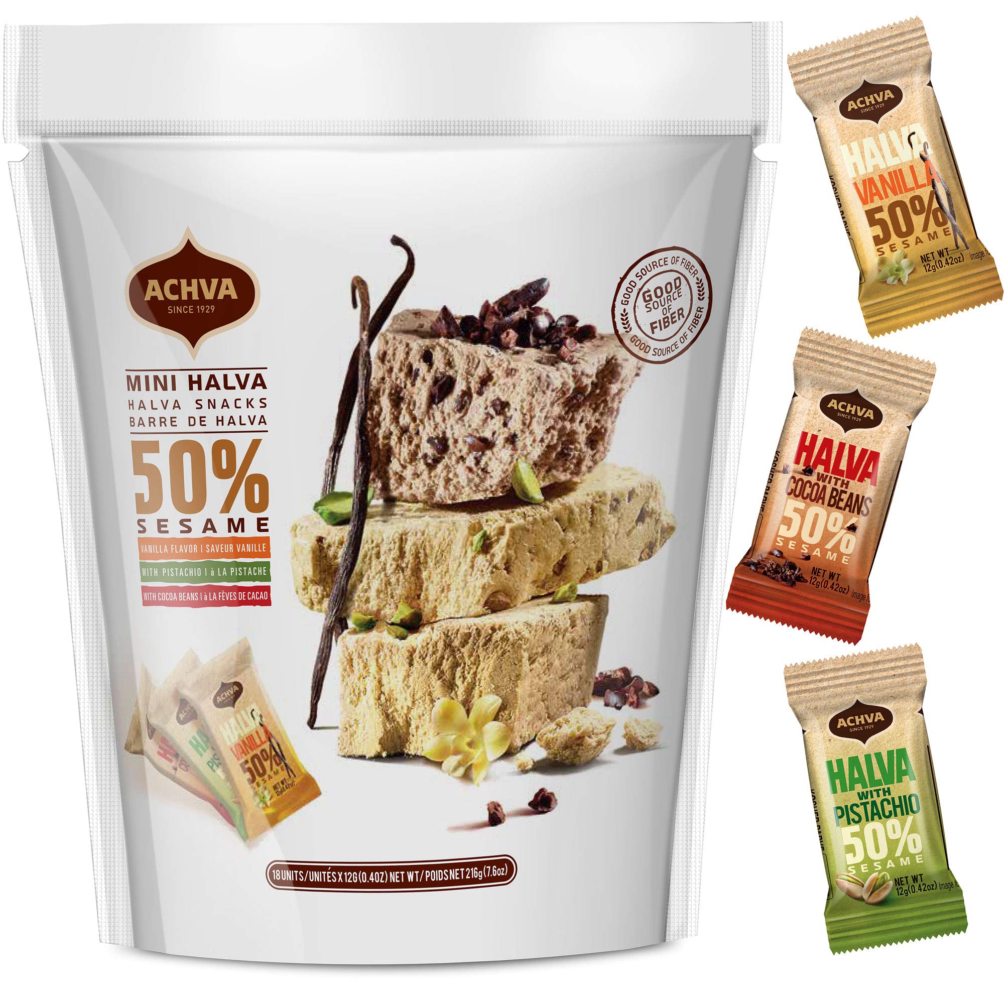 Achva Halva Tahini Bar Mini Snacks - 18-Pack Assorted Halvah Bars with Pistachio, Vanilla & Cocoa Flavors | Vegan, Kosher, Gluten-Free & Lactose-Free Israeli Snacks (12g Each) | Perfect for On-the-Go, Lunchboxes & Healthy Dessert Cravings