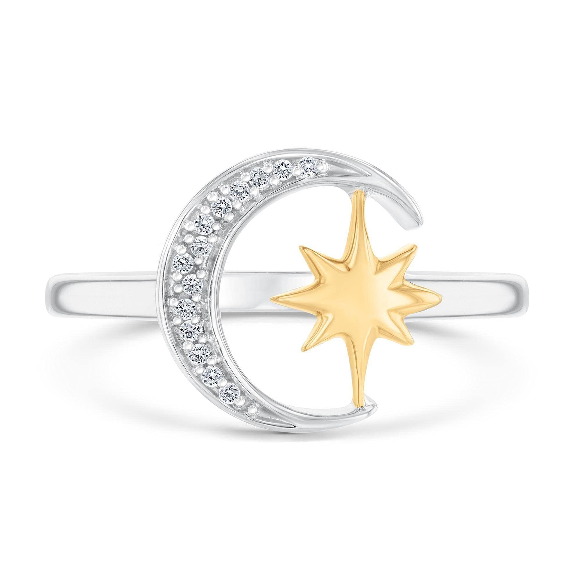 Reeds Radiant Universe Celestial Diamond Moon Star Two-Tone Ring 1/20ctw - Size 7 | Sterling Silver Zodiac Jewelry for Women | Perfect for Birthday Gifts, Anniversary & Celestial-Themed Occasions