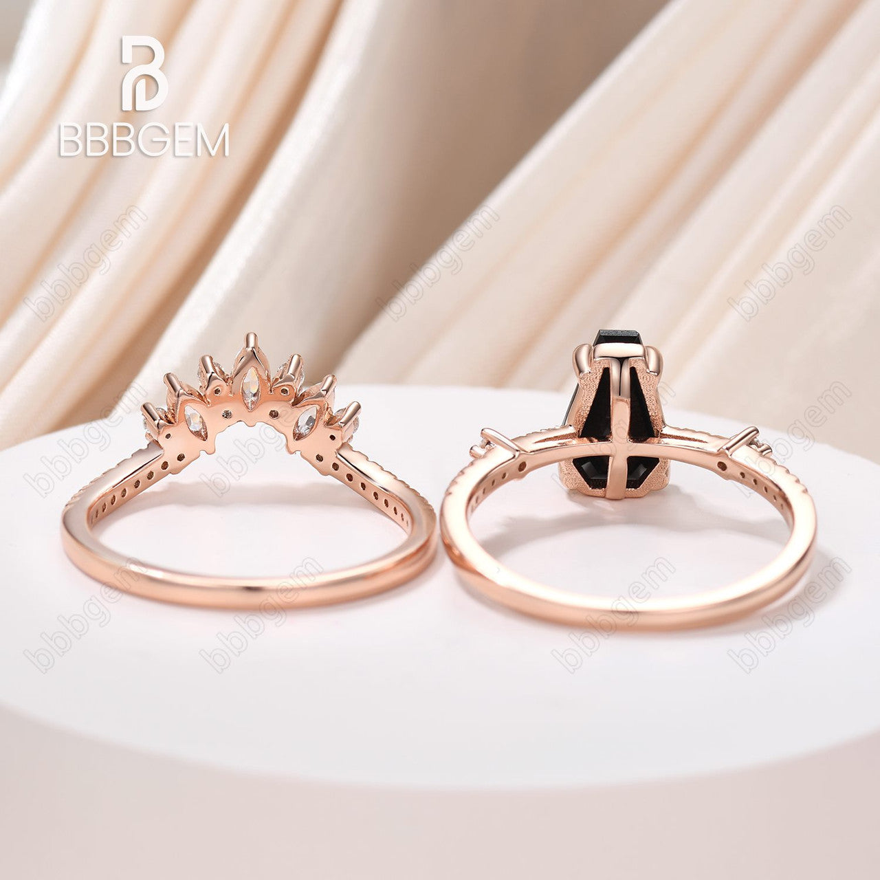 Unique Black Onyx Coffin Wedding Ring Set for Women - 14K Rose Gold Three-Stone Engagement Ring with Marquise Moissanite | Gothic Jewelry, Alternative Bridal Ring, Dark Romance Wedding Band