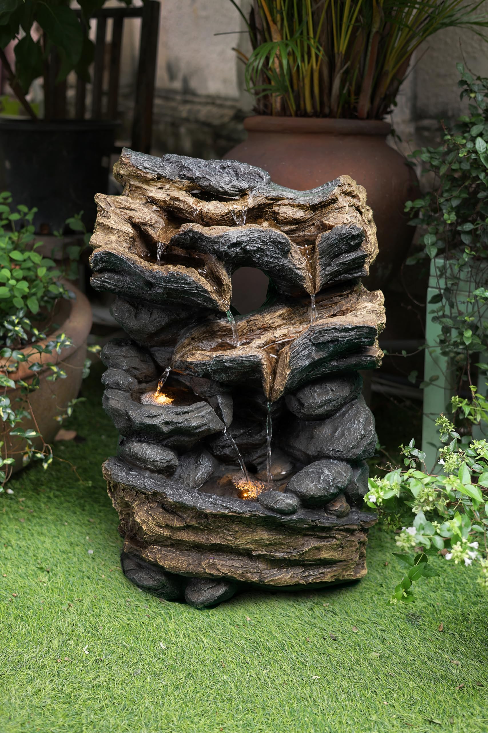 23 Inch Tall Stump Outdoor Freestanding Rock Waterfall Fountain with LED Lights & Pump - Perfect for Garden, Patio, and Backyard Decor