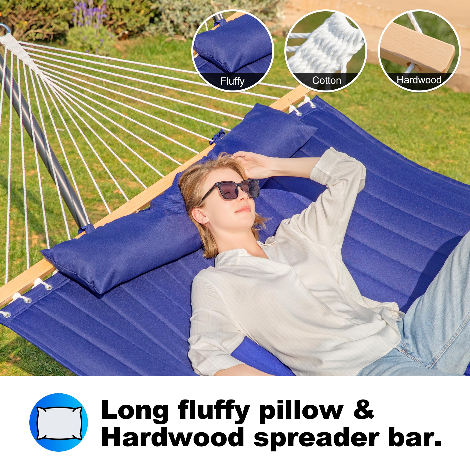 2 Person Heavy Duty Hammock with Steel Stand - 55 Inch Double Hammock for Outdoor, Backyard, Camping - Includes Removable Pillow & Storage Bag - Supports Up to 475 lbs (Navy Blue) - Perfect for Relaxing in Garden, Patio or Beach