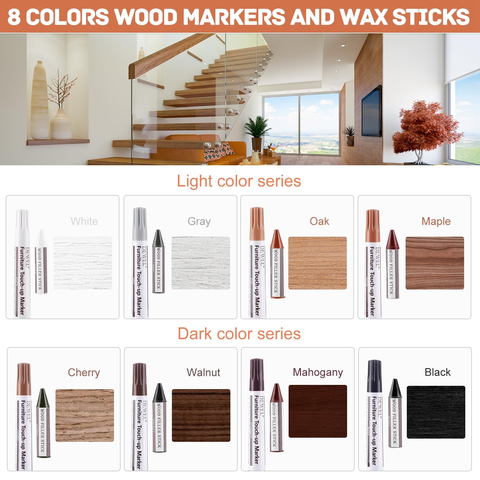 17-Piece Wood Scratch Repair Kit - DEWEL Furniture Markers & Wax Sticks for Stains, Scratches on Wood Floors, Tables, Bedposts - Perfect for Home, Office & DIY Furniture Restoration