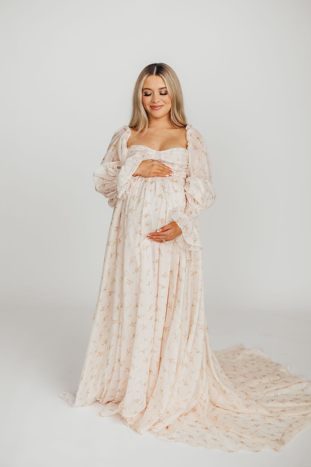 Delilah Maxi Dress with Train in Peach - Bump Friendly Maternity Dress (XS-3XL) for Weddings, Parties & Special Occasions