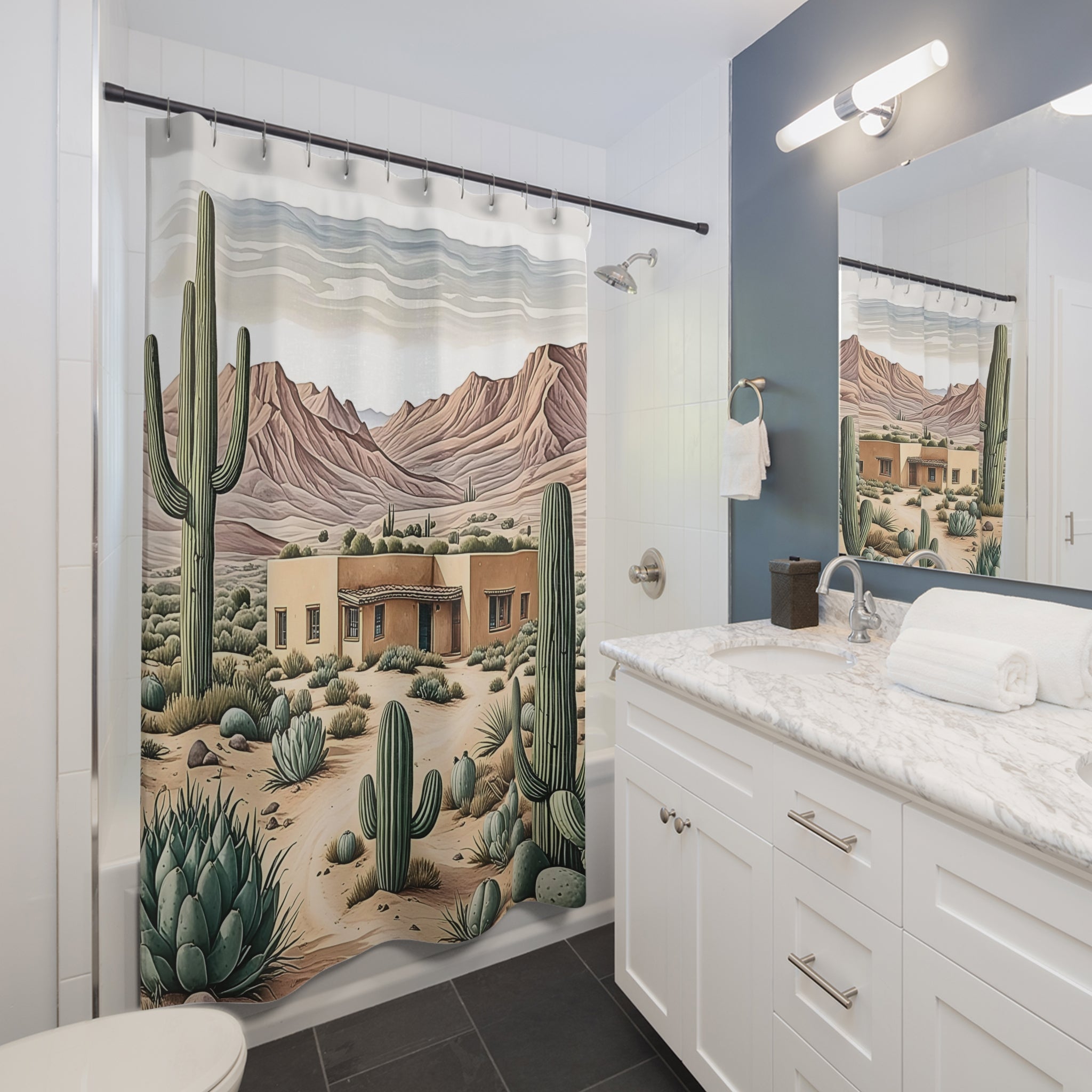 Scenic Desert Shower Curtain with Cactus & Adobe Design - Southwestern Bathroom Decor for Boho & Rustic Western Style - Perfect for Desert-Themed Bathrooms & Southwest Home Decor