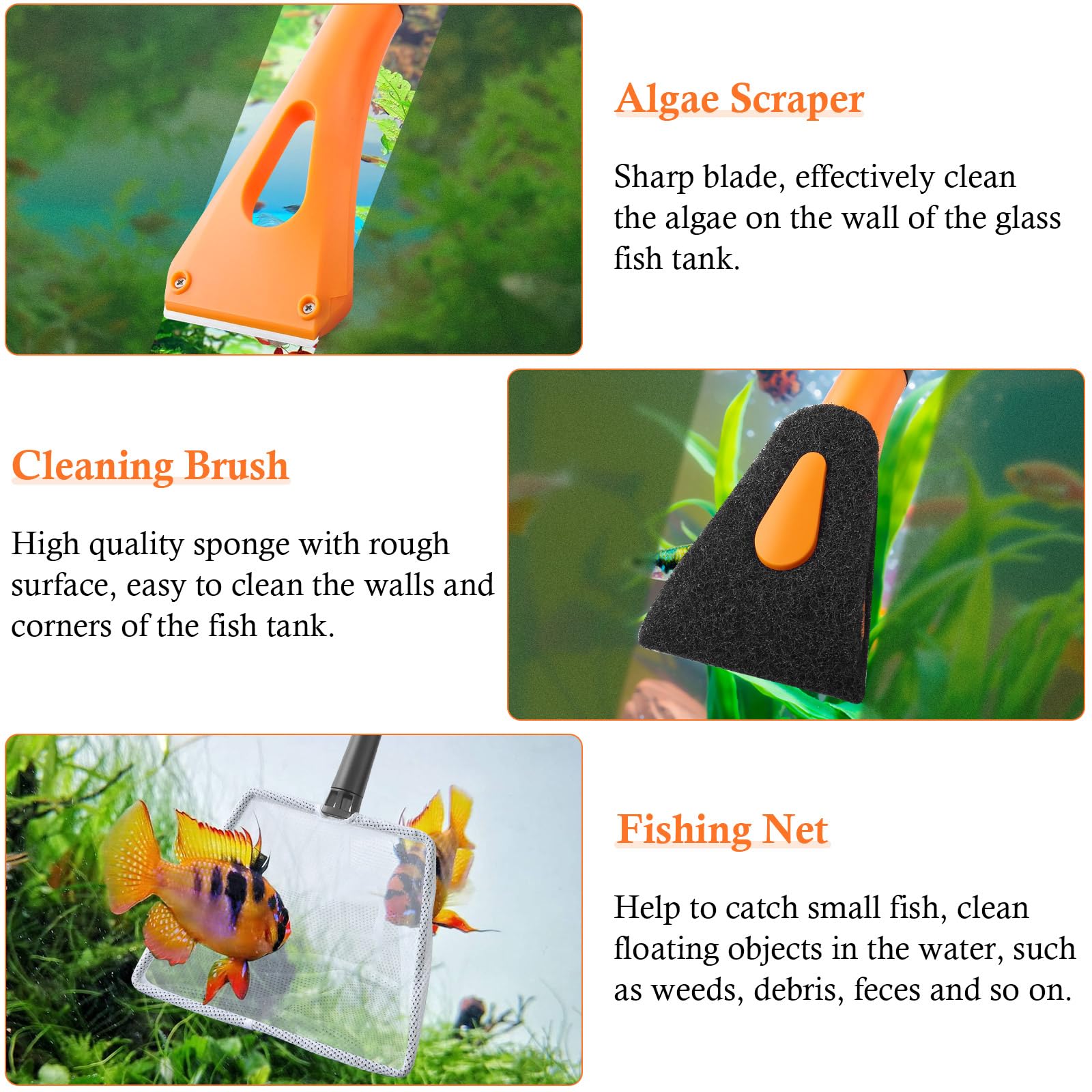 FEDOUR Aquarium Algae Scraper Kit - Fish Tank Cleaning Tools Set with Glass Scraper, Cleaning Brush, Fish Net & Replacement Blades for Freshwater & Saltwater Tanks - Perfect for Home, Office Aquarium Maintenance