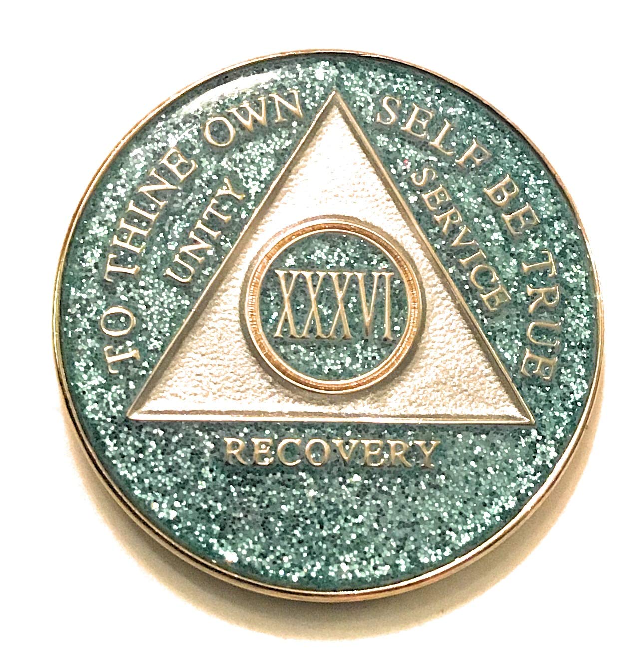 36 Year AA Medallion - Aqua Blue Bling Sobriety Chip with Glitter & Sparkle | Alcoholics Anonymous Recovery Token | Perfect for Milestone Celebrations & Support Group Gifts