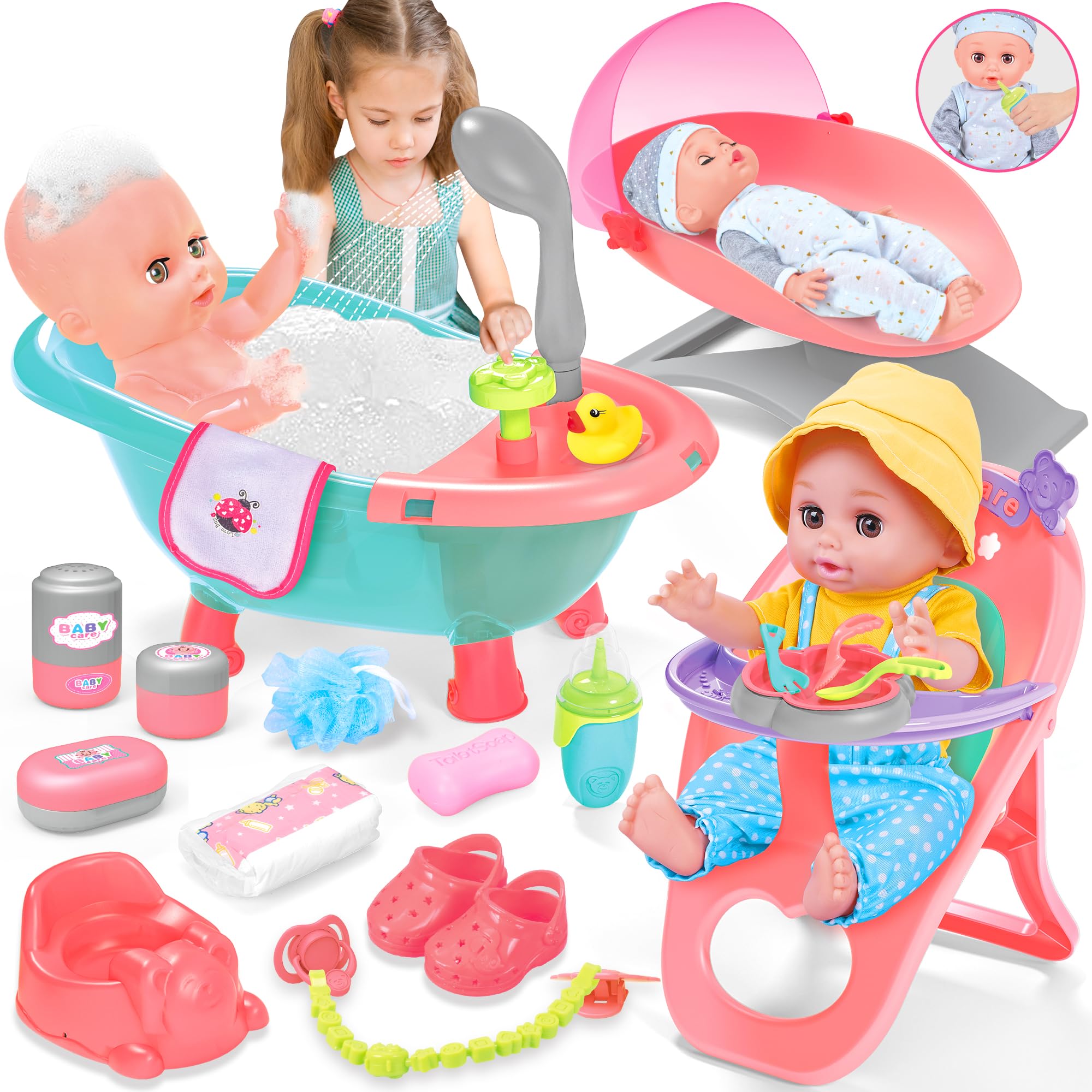 14 Inch Realistic Baby Doll Toys Set with 23PCS Care Playset - Newborn Bath Toys, Crib & Feeding Accessories - Toddler Pretend Play Kit for Ages 3-8 - Perfect Christmas Gift for Girls & Boys (Great for Role Play, Parenting Skills Development & Imaginative Play)