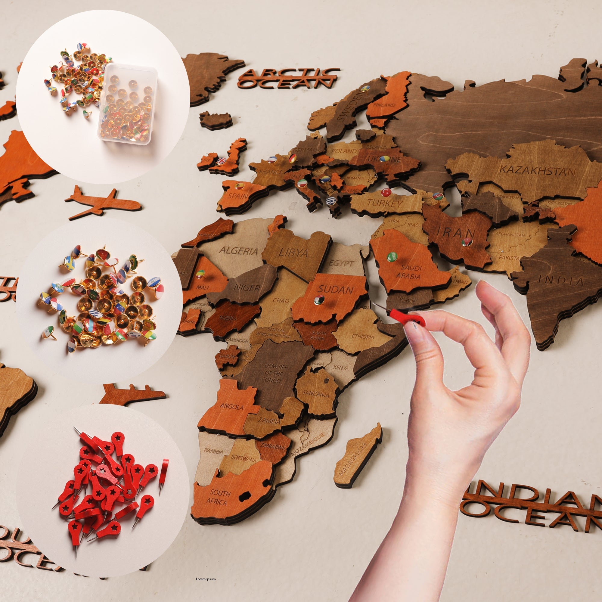 Natural Wood 3D Rustic World Map Wall Art - Handcrafted Wooden Home Decor for Living Room, Bedroom & Office - Includes Free Hanging Accessories