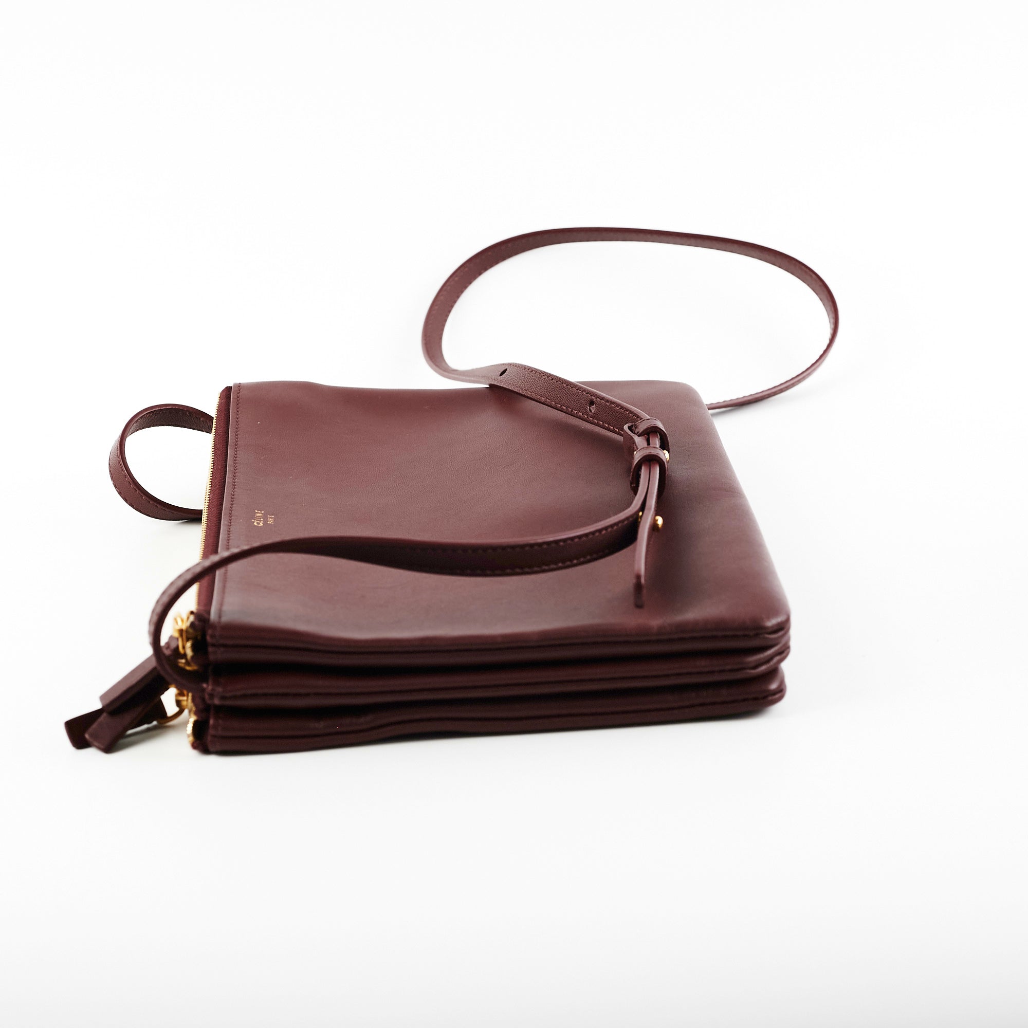 Celine Trio Burgundy Leather Crossbody Bag for Women - Stylish & Compact Everyday Purse for Work, Travel & Shopping