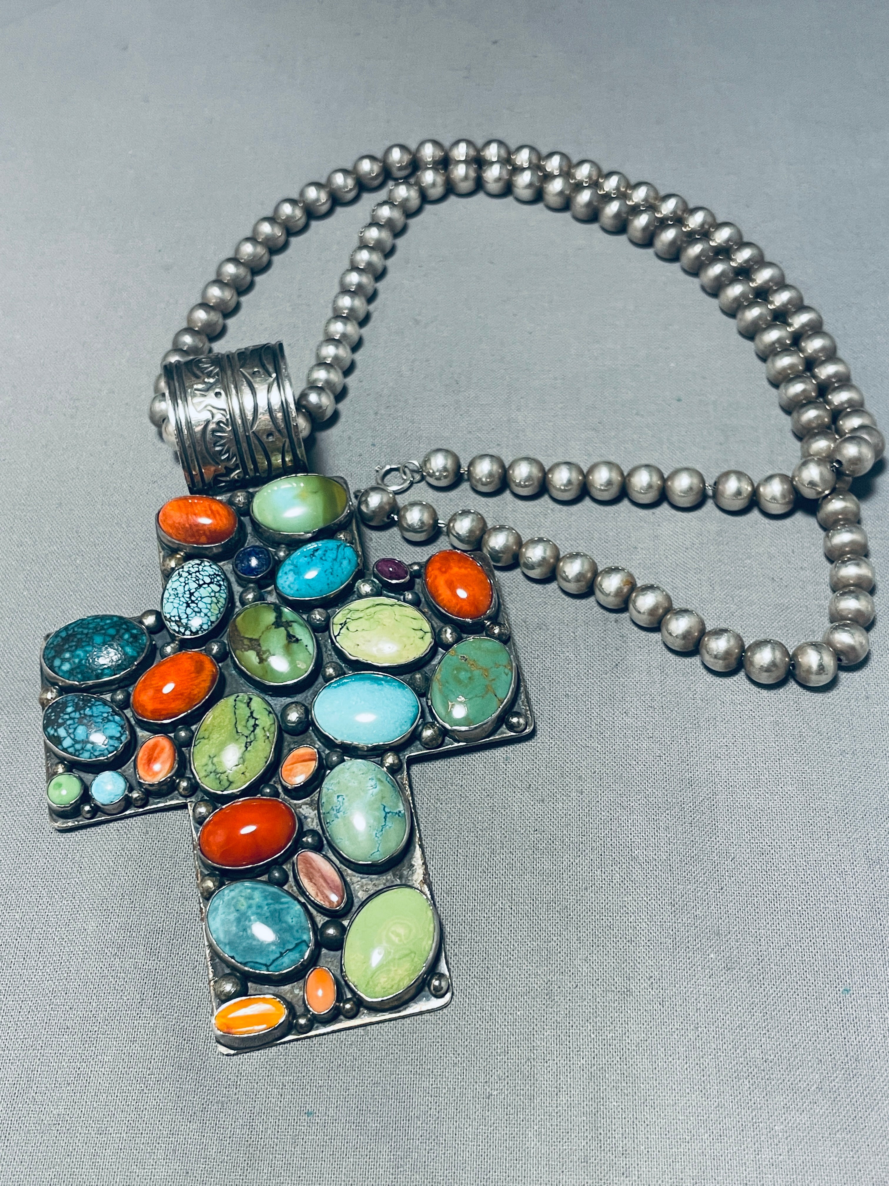 131 Grams Vintage Native American Navajo Turquoise Sterling Silver Cross Necklace - Handmade Southwest Jewelry for Women - Perfect for Boho Fashion, Gift Giving & Special Occasions