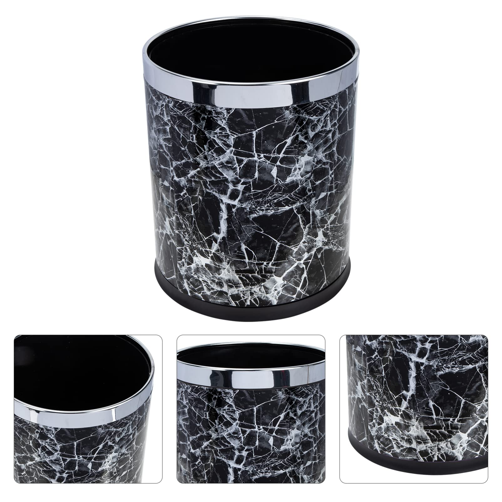 FOMIYES Small Round Marble Trash Can - Bathroom Wastebasket with Lid, Garbage Bin for Kitchen, Bedroom, Home Office - Black | Stylish & Durable for Home Decor & Daily Use
