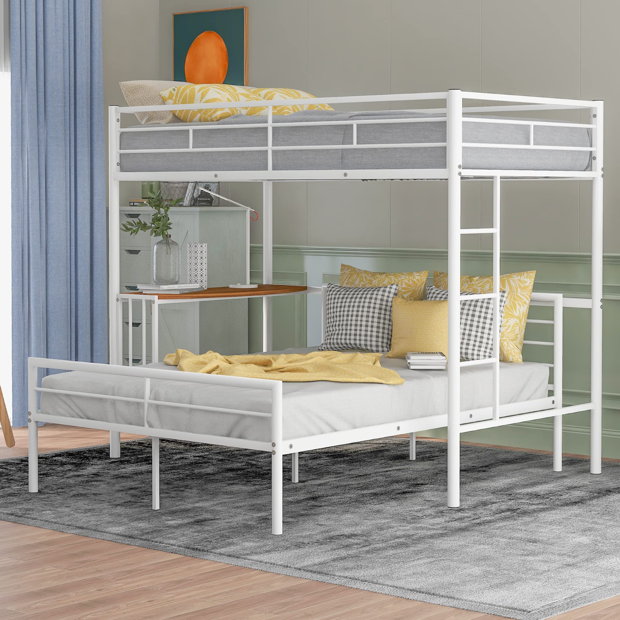 Harper & Bright Designs Twin Over Full Bunk Beds with Study Desk - Metal Bunk Bed Frame, Convertible to Loft Bed or Platform Bed - White Space-Saving Furniture for Kids, Teens & Small Rooms - Perfect for Bedrooms, Dorms & Shared Spaces