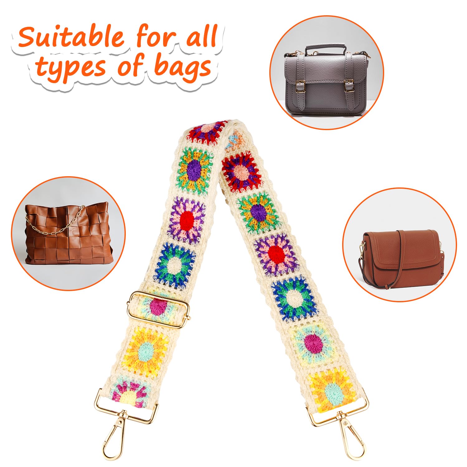 LUTER Adjustable Crochet Flower Purse Strap - 2 Inch Wide Handbag Replacement Strap for Crossbody Bags, Guitar & Fashion Accessories (Colorful) - Perfect for Boho Style, Music Festivals & Everyday Use